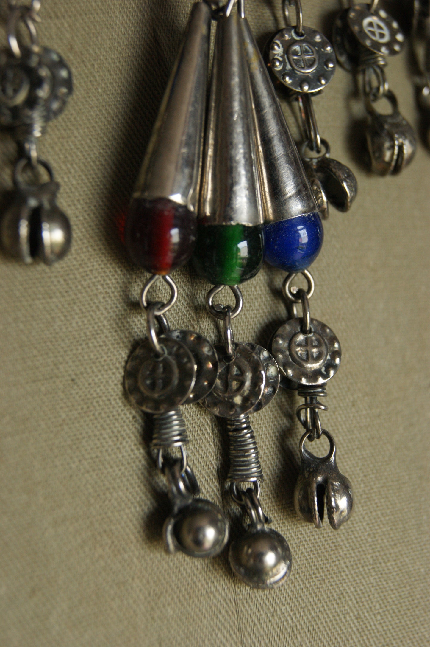 Antique Indian Silver Fringe Necklace with Multi-Colored Glass Beads