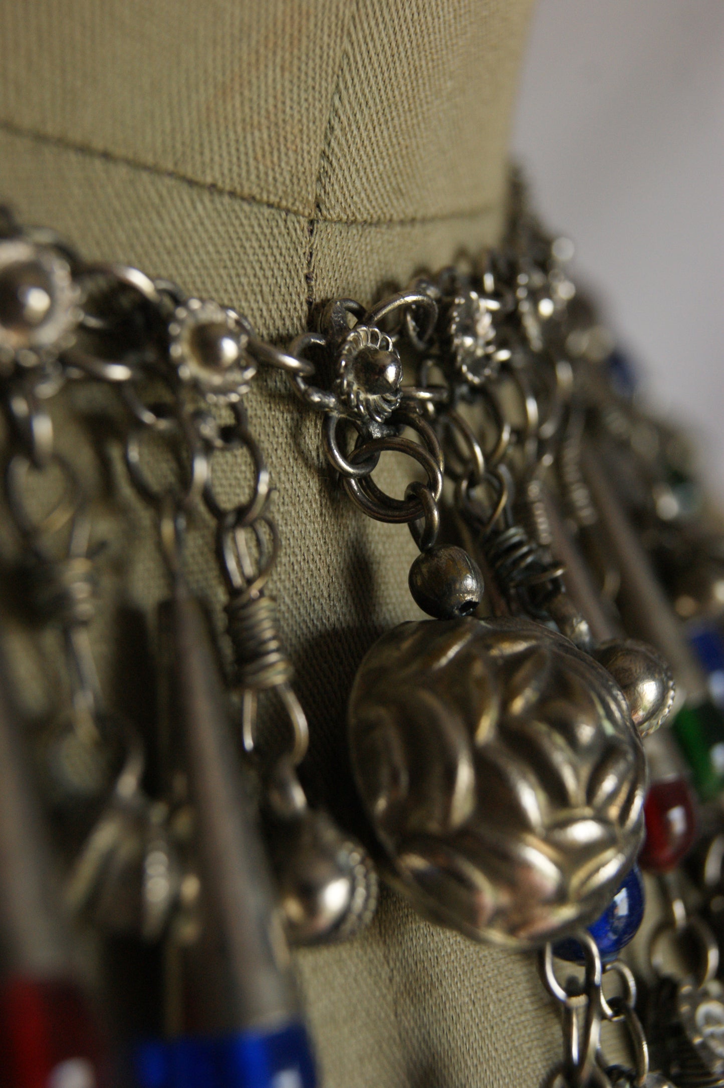 Antique Indian Silver Fringe Necklace with Multi-Colored Glass Beads