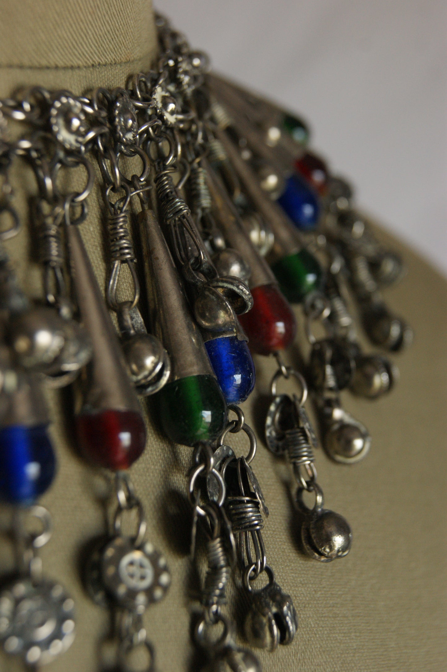 Antique Indian Silver Fringe Necklace with Multi-Colored Glass Beads