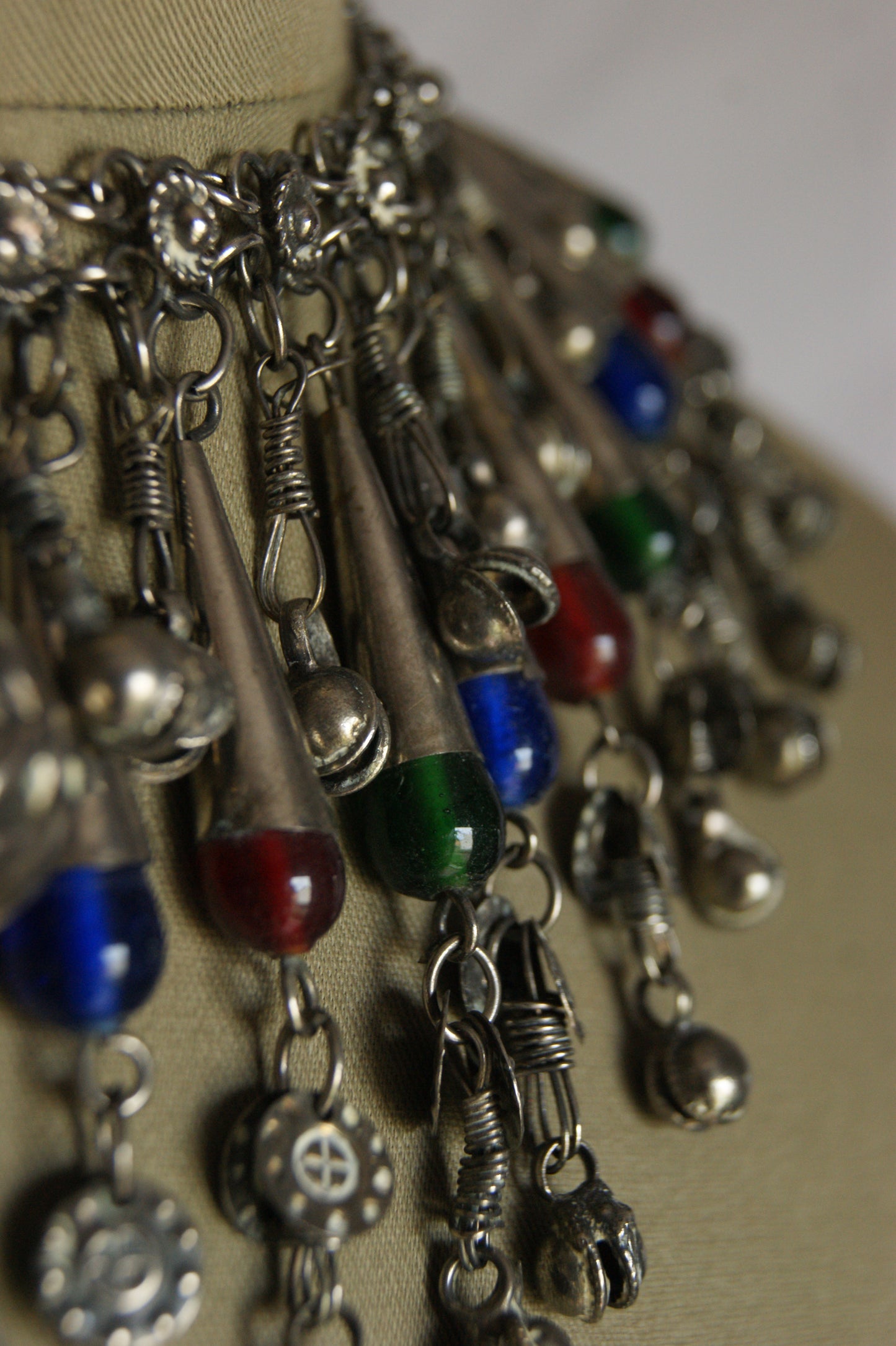 Antique Indian Silver Fringe Necklace with Multi-Colored Glass Beads