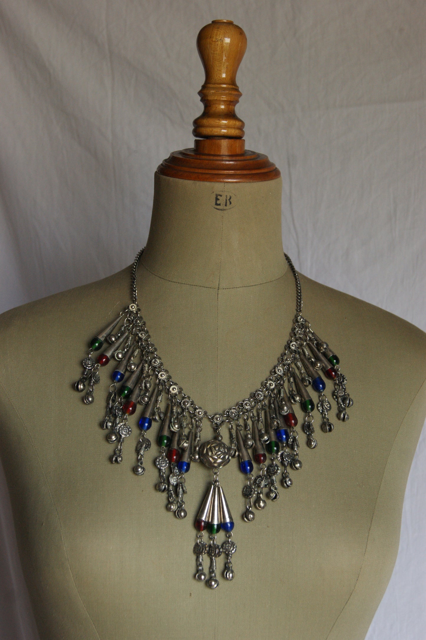 Antique Indian Silver Fringe Necklace with Multi-Colored Glass Beads