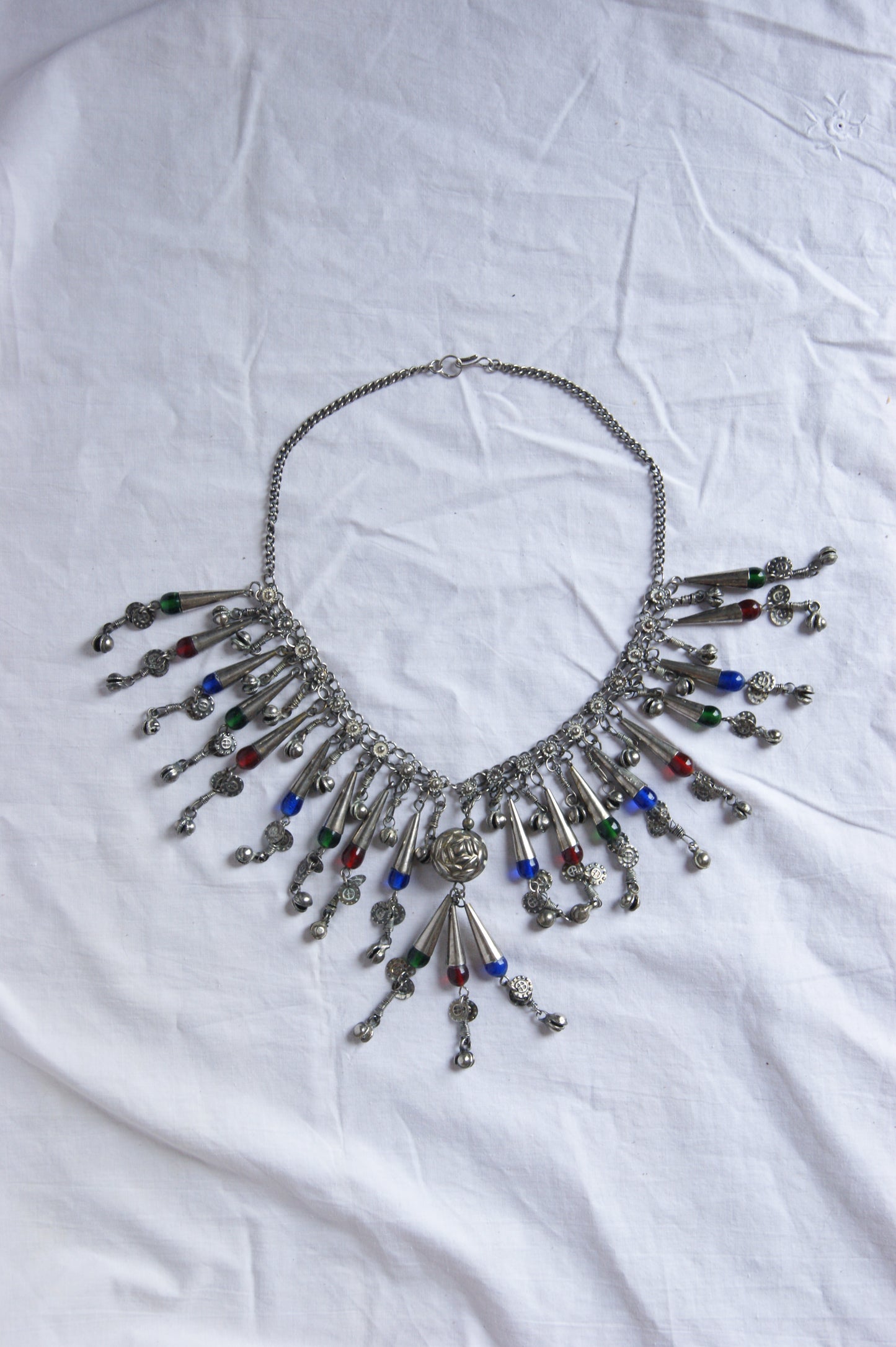 Antique Indian Silver Fringe Necklace with Multi-Colored Glass Beads