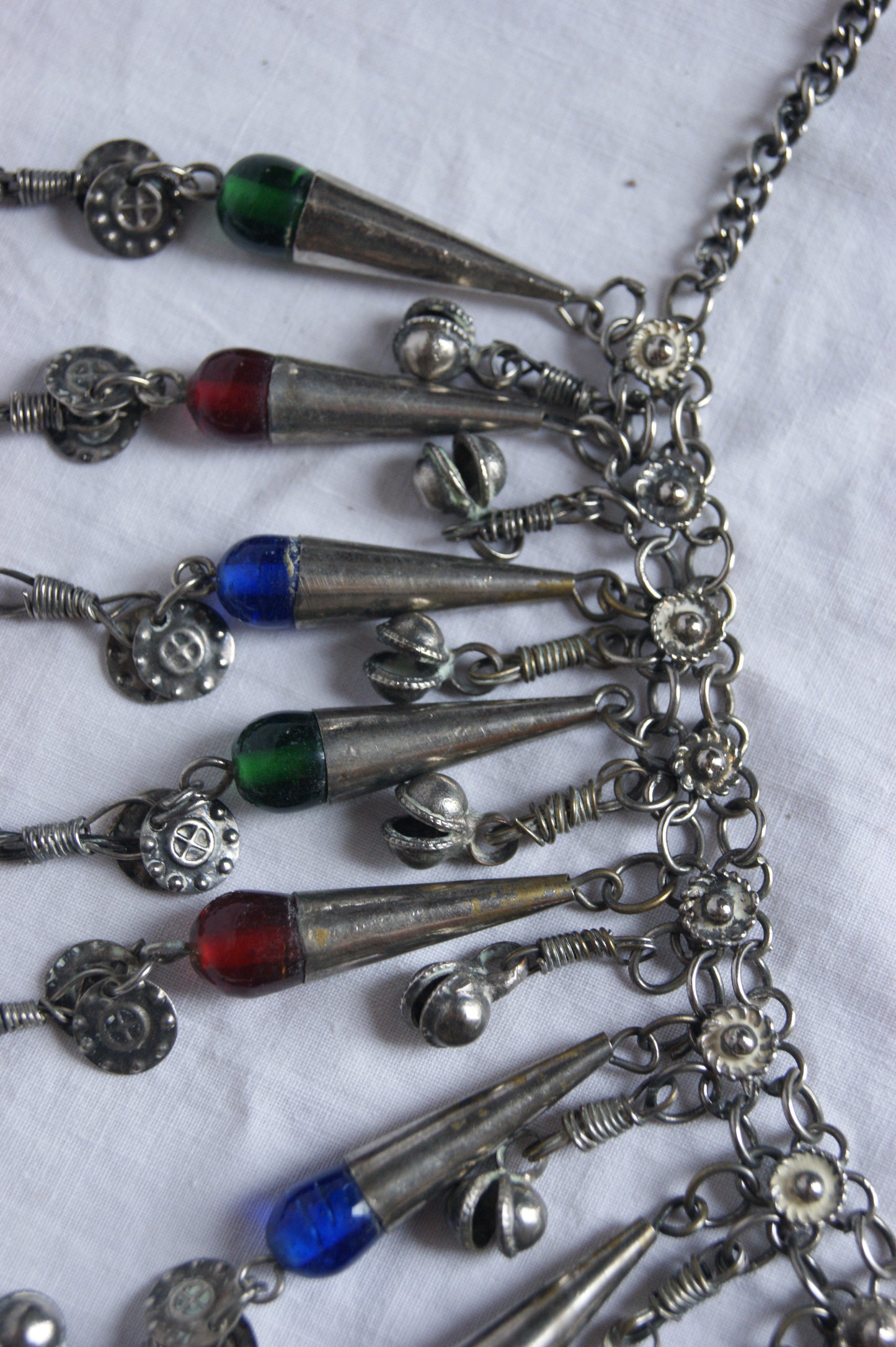 Antique Indian Silver Fringe Necklace with Multi-Colored Glass Beads