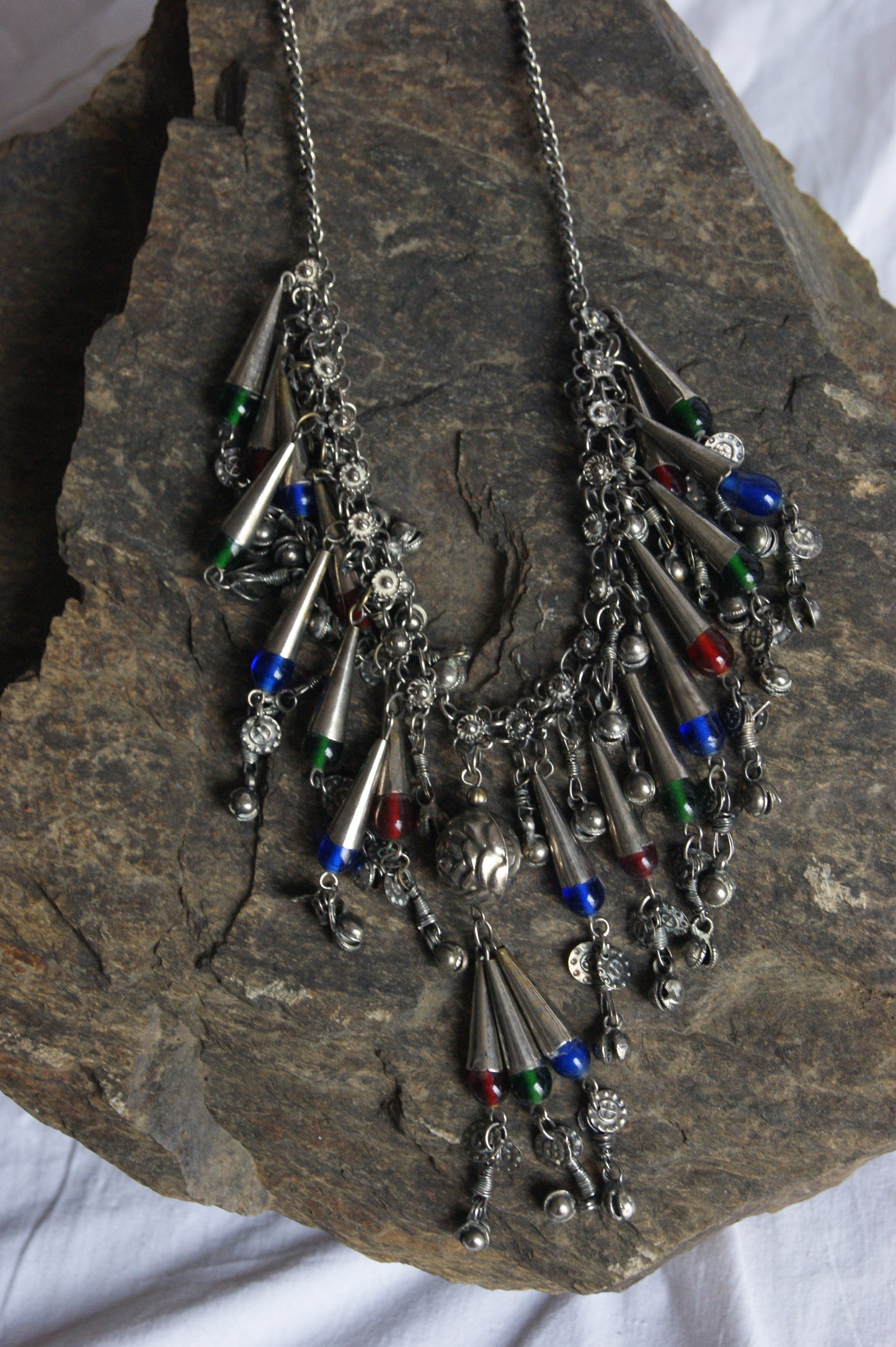Antique Indian Silver Fringe Necklace with Multi-Colored Glass Beads