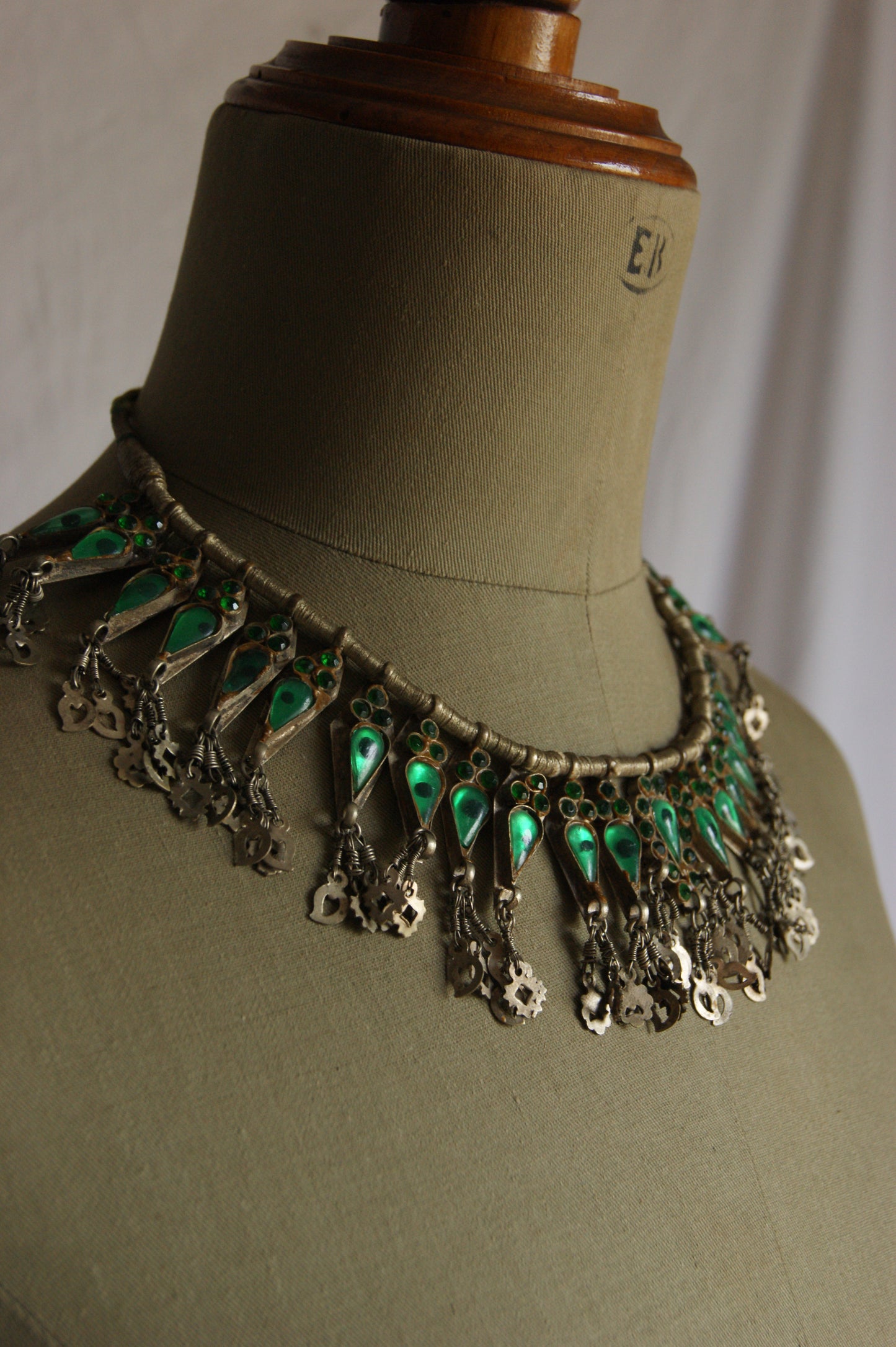 Antique Indian Golden Wire & Green Glass Ceremonial Necklace