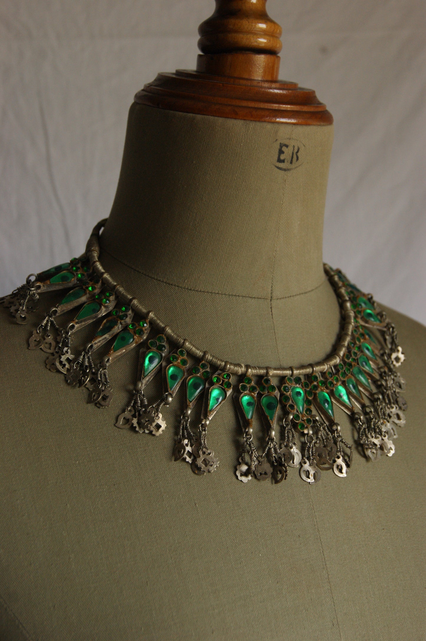 Antique Indian Golden Wire & Green Glass Ceremonial Necklace