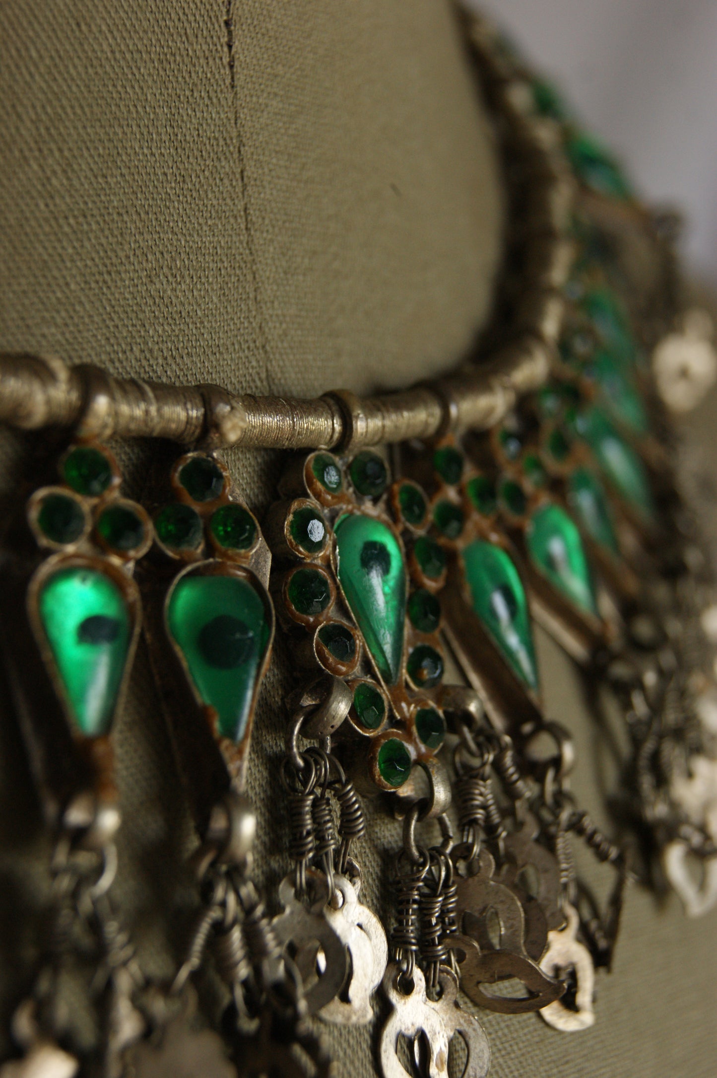 Antique Indian Golden Wire & Green Glass Ceremonial Necklace