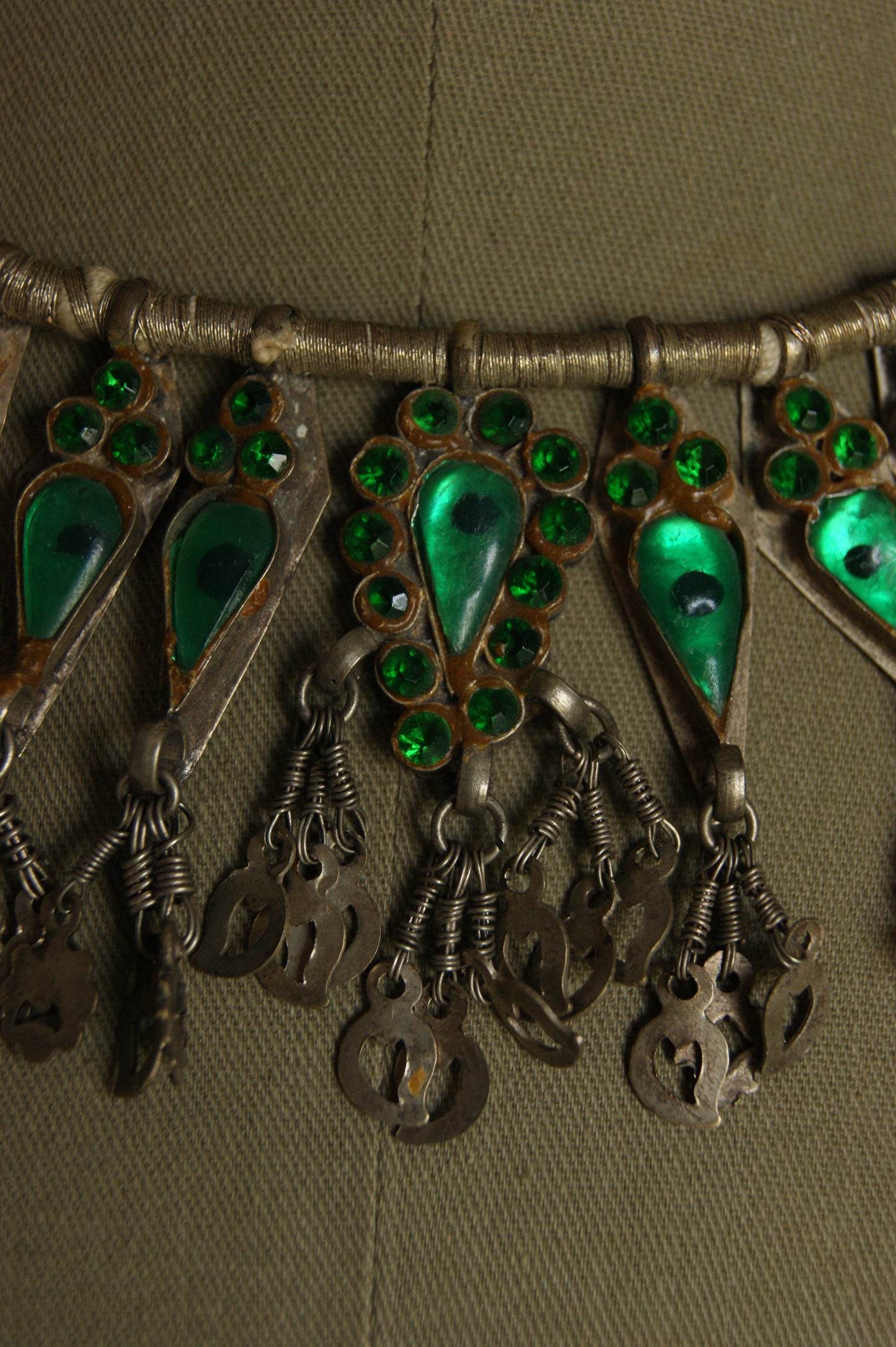 Antique Indian Golden Wire & Green Glass Ceremonial Necklace