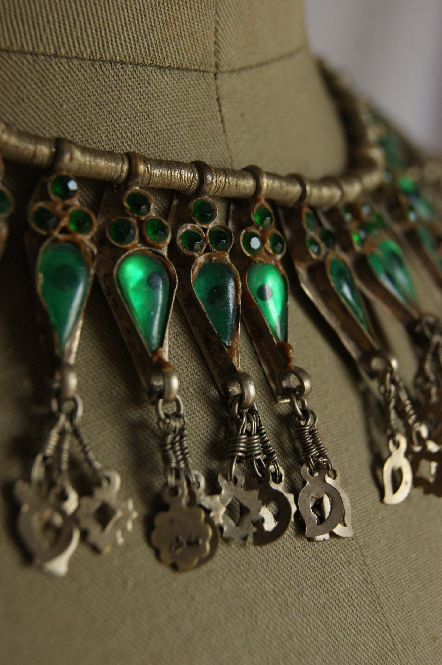 Antique Indian Golden Wire & Green Glass Ceremonial Necklace
