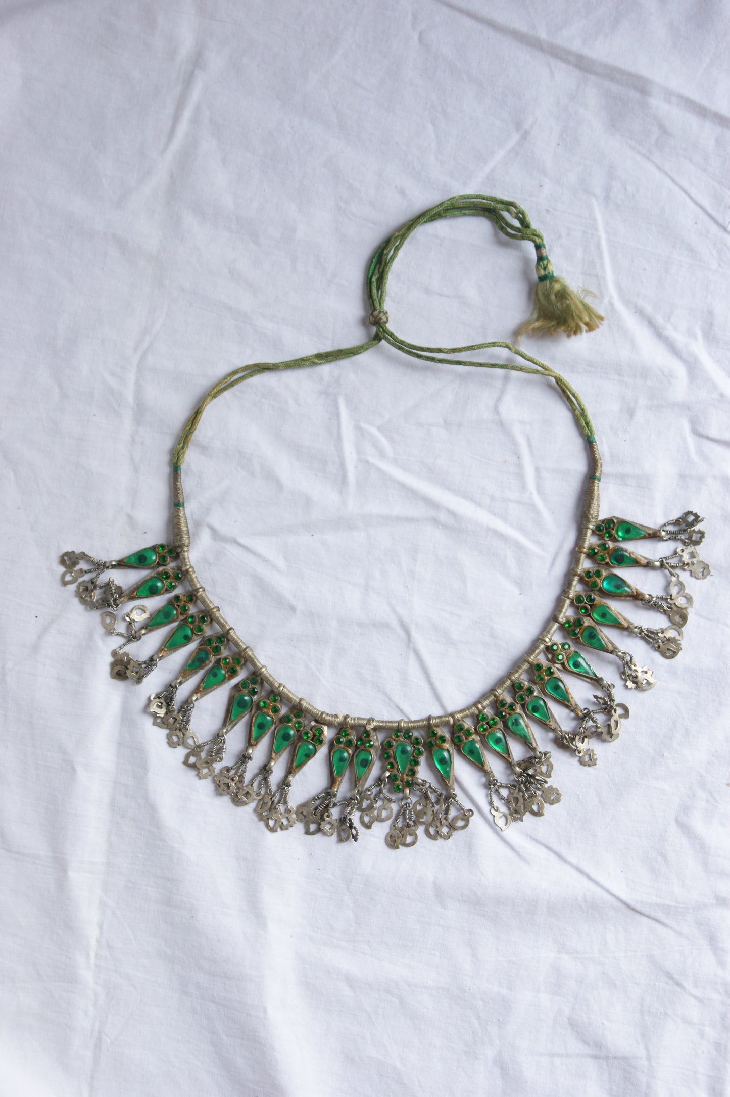 Antique Indian Golden Wire & Green Glass Ceremonial Necklace