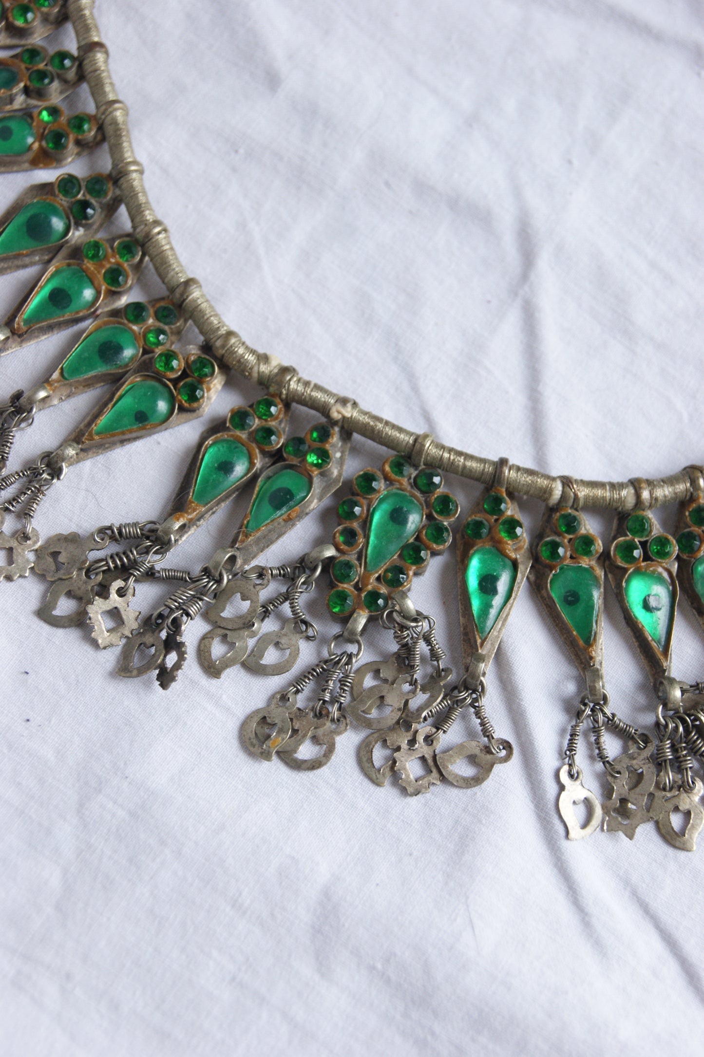 Antique Indian Golden Wire & Green Glass Ceremonial Necklace