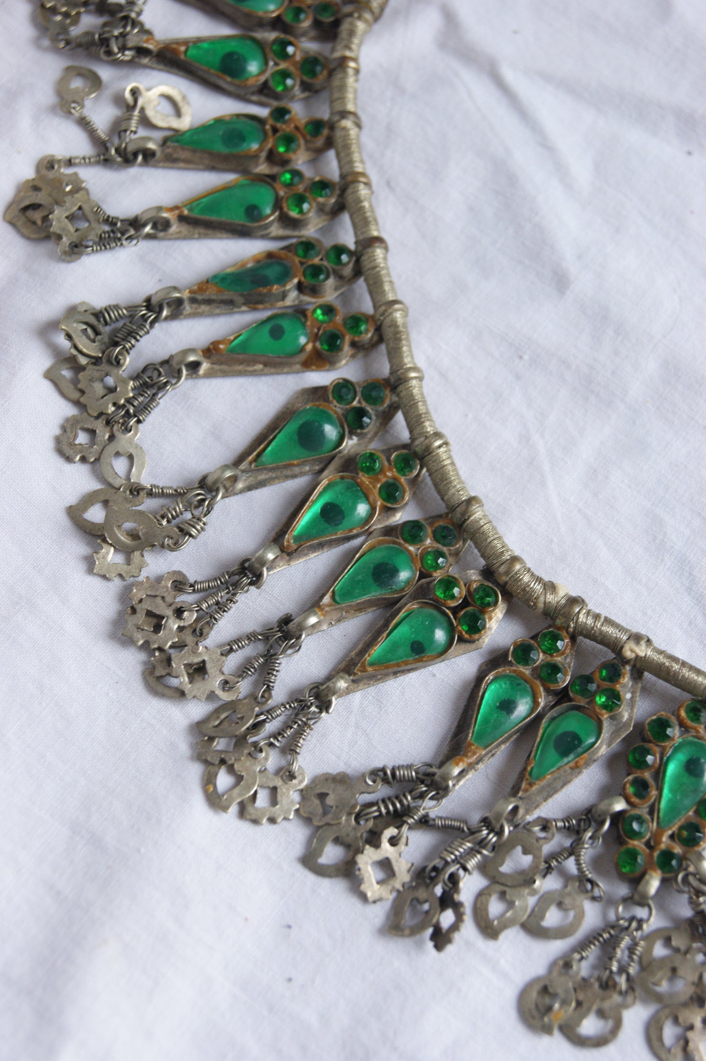 Antique Indian Golden Wire & Green Glass Ceremonial Necklace