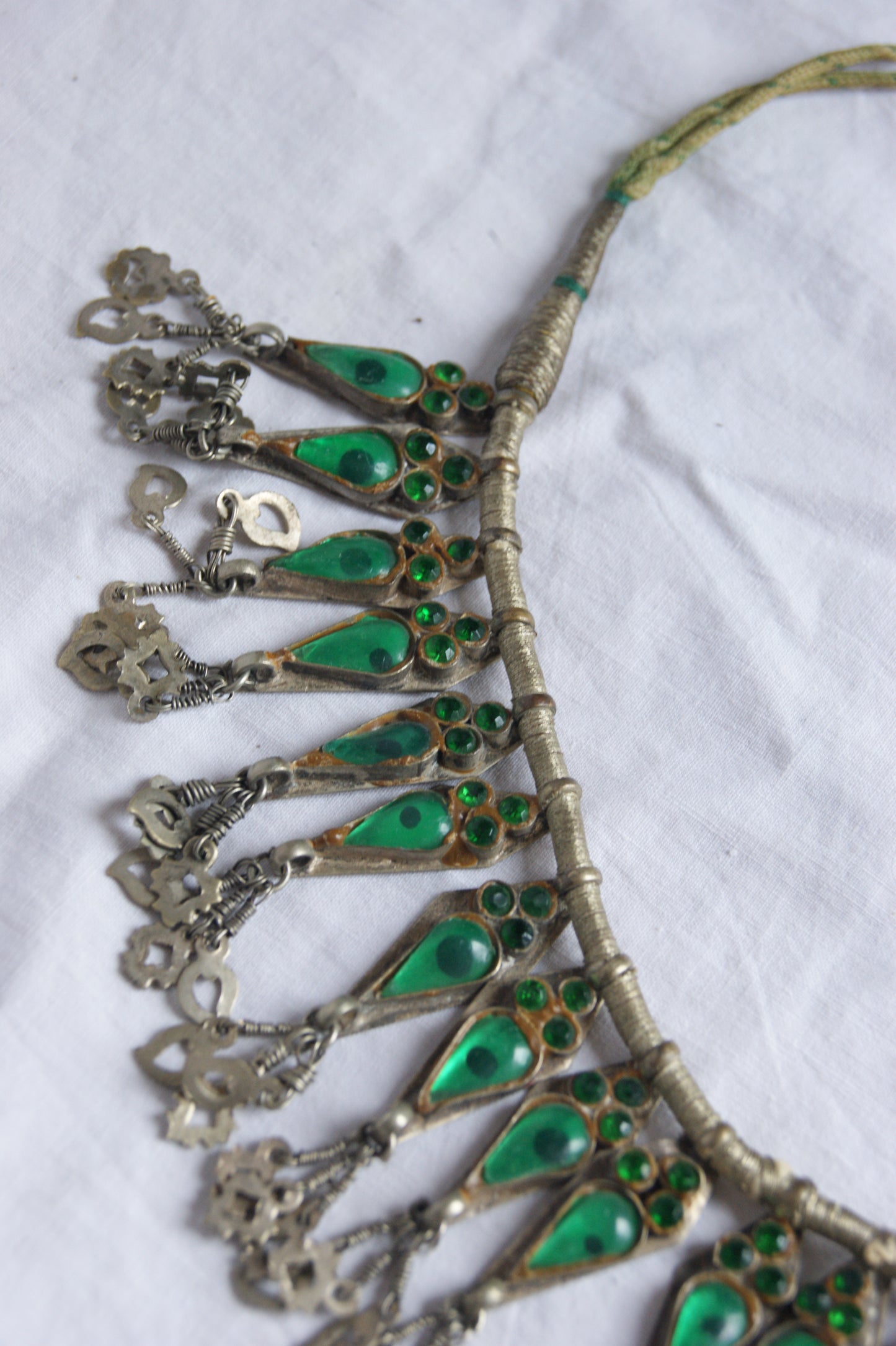 Antique Indian Golden Wire & Green Glass Ceremonial Necklace