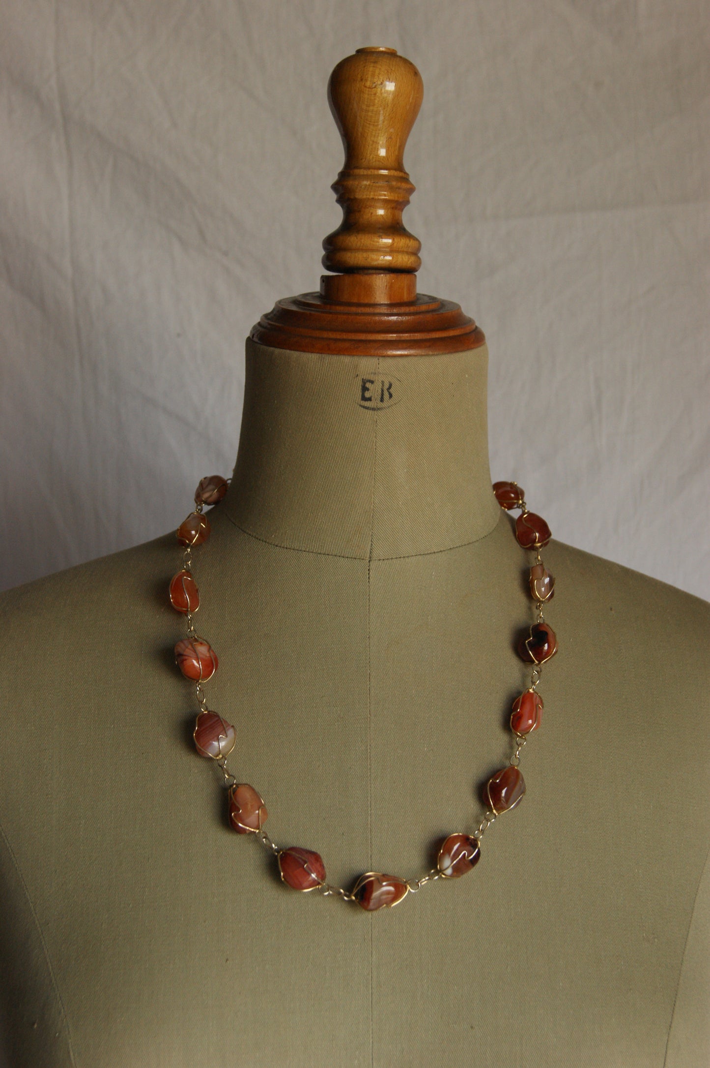 1980s Handcrafted Carnelian & Brass Wire-Wrapped Necklace