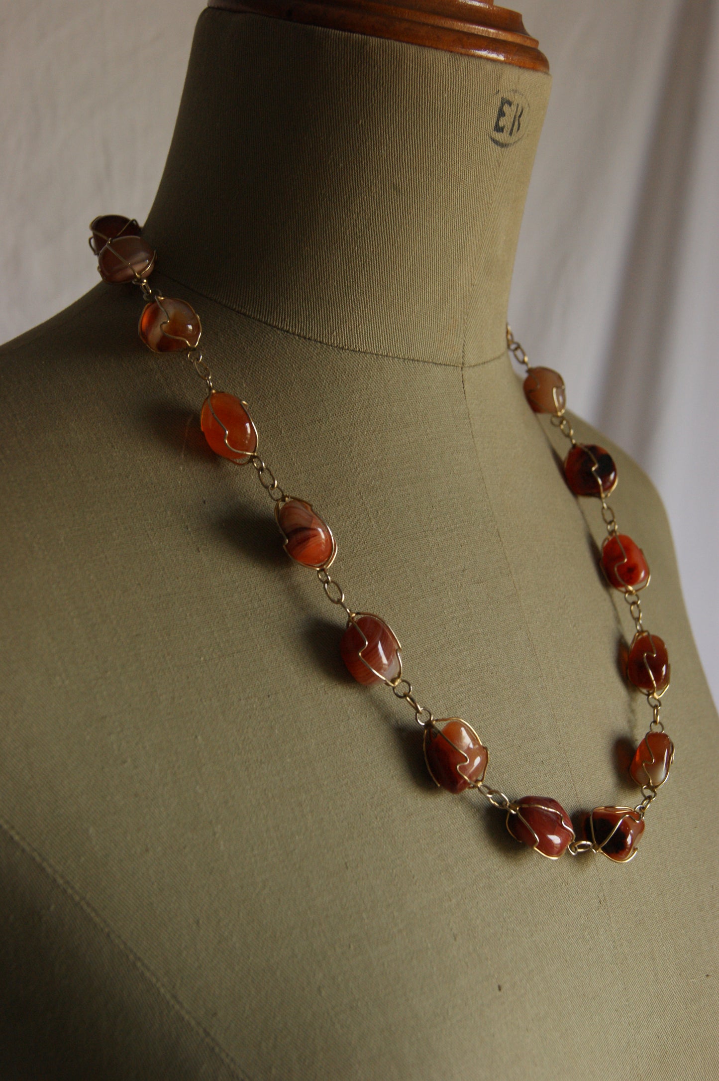 1980s Handcrafted Carnelian & Brass Wire-Wrapped Necklace