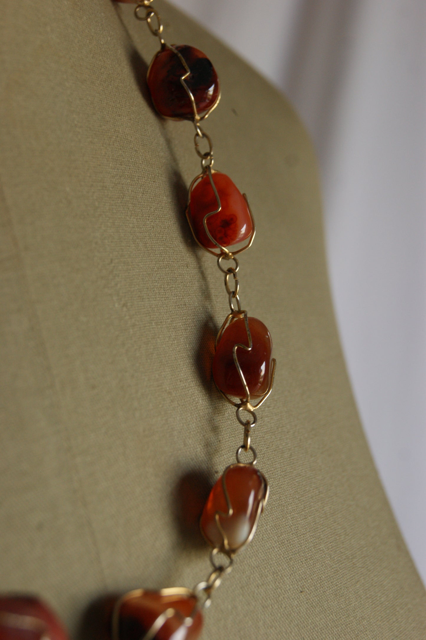 1980s Handcrafted Carnelian & Brass Wire-Wrapped Necklace