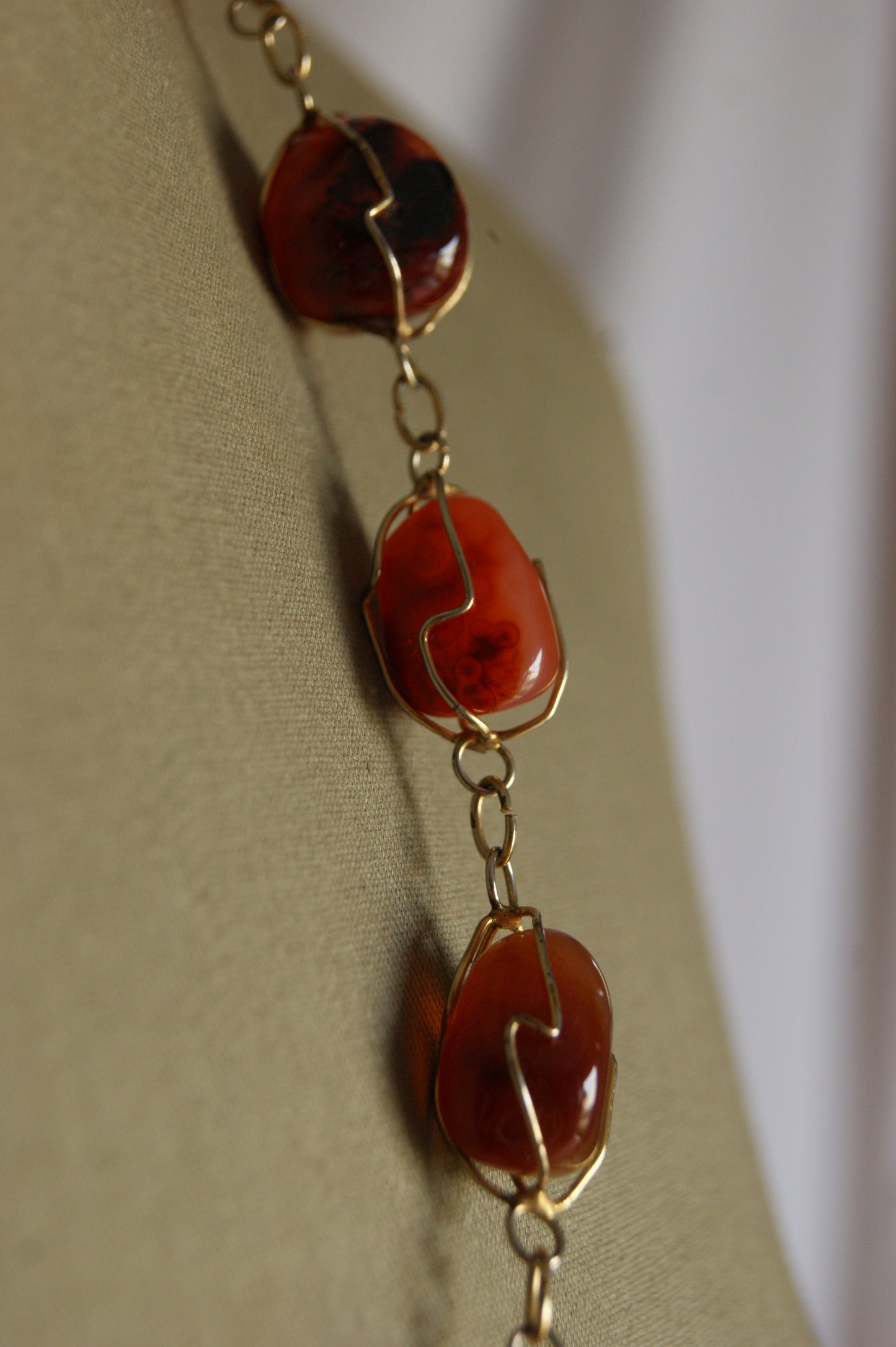 1980s Handcrafted Carnelian & Brass Wire-Wrapped Necklace
