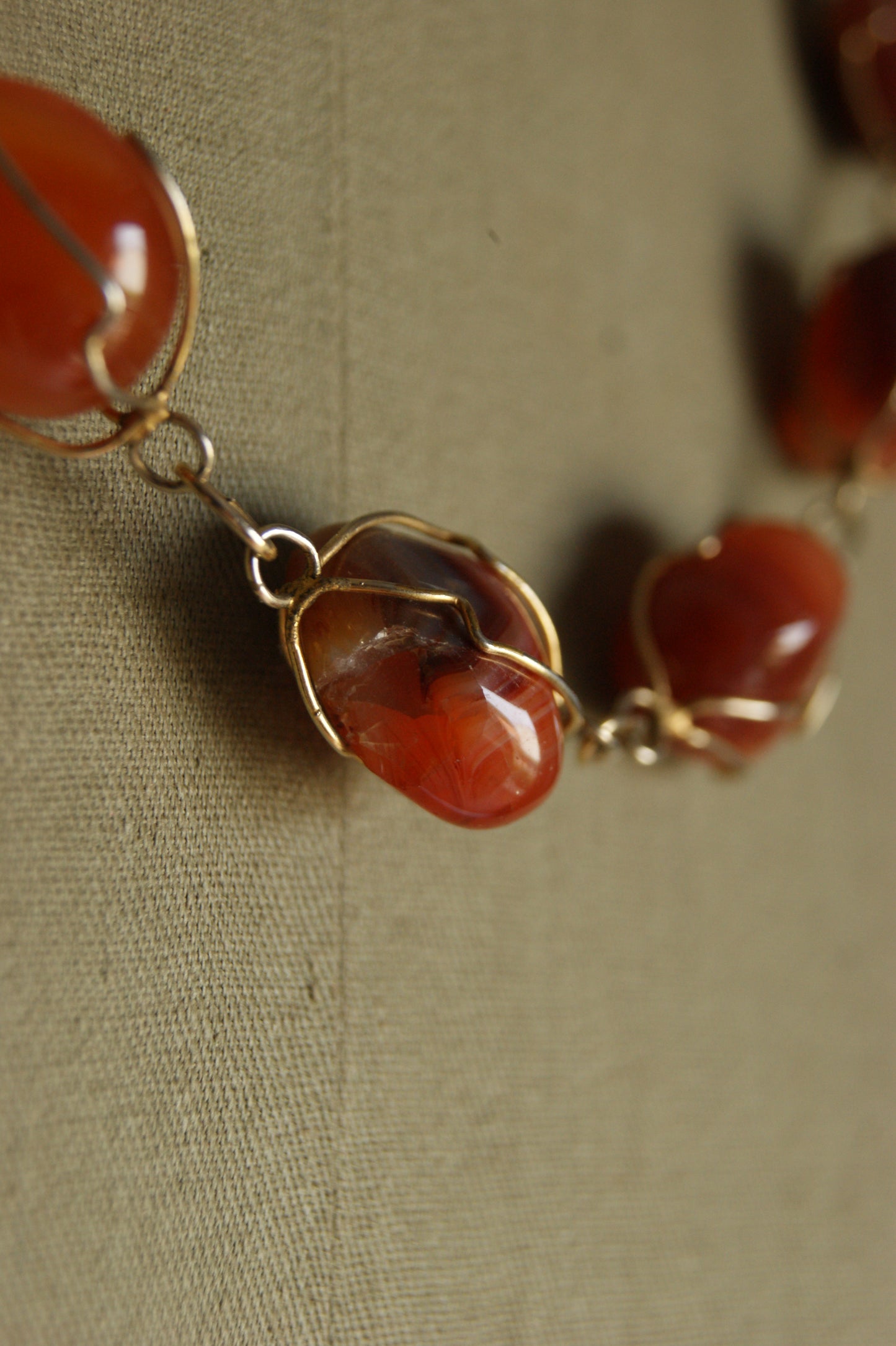 1980s Handcrafted Carnelian & Brass Wire-Wrapped Necklace