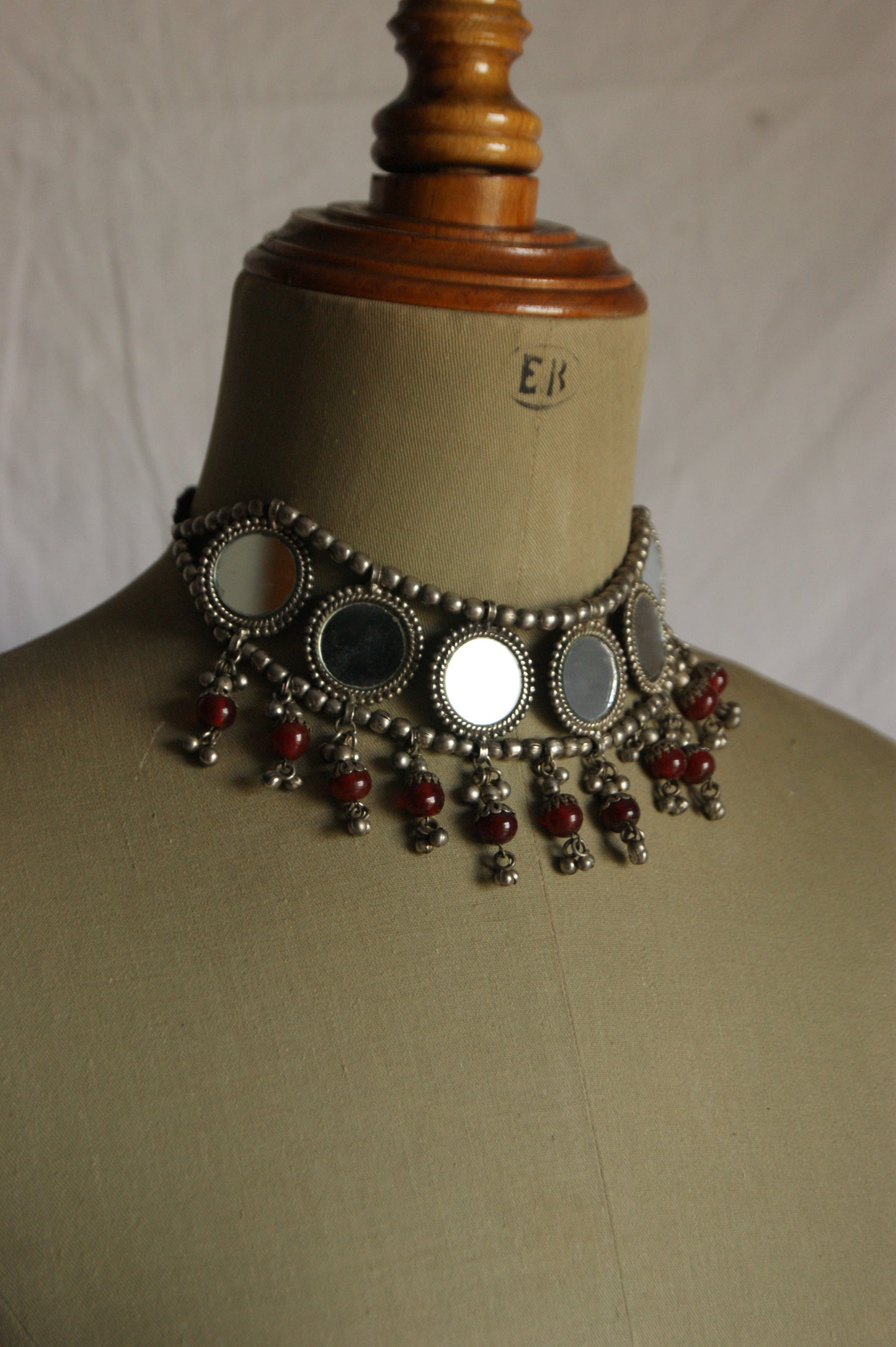 Antique Indian Multi-Wear Silver Choker with Mirror Work & Carnelian Beads