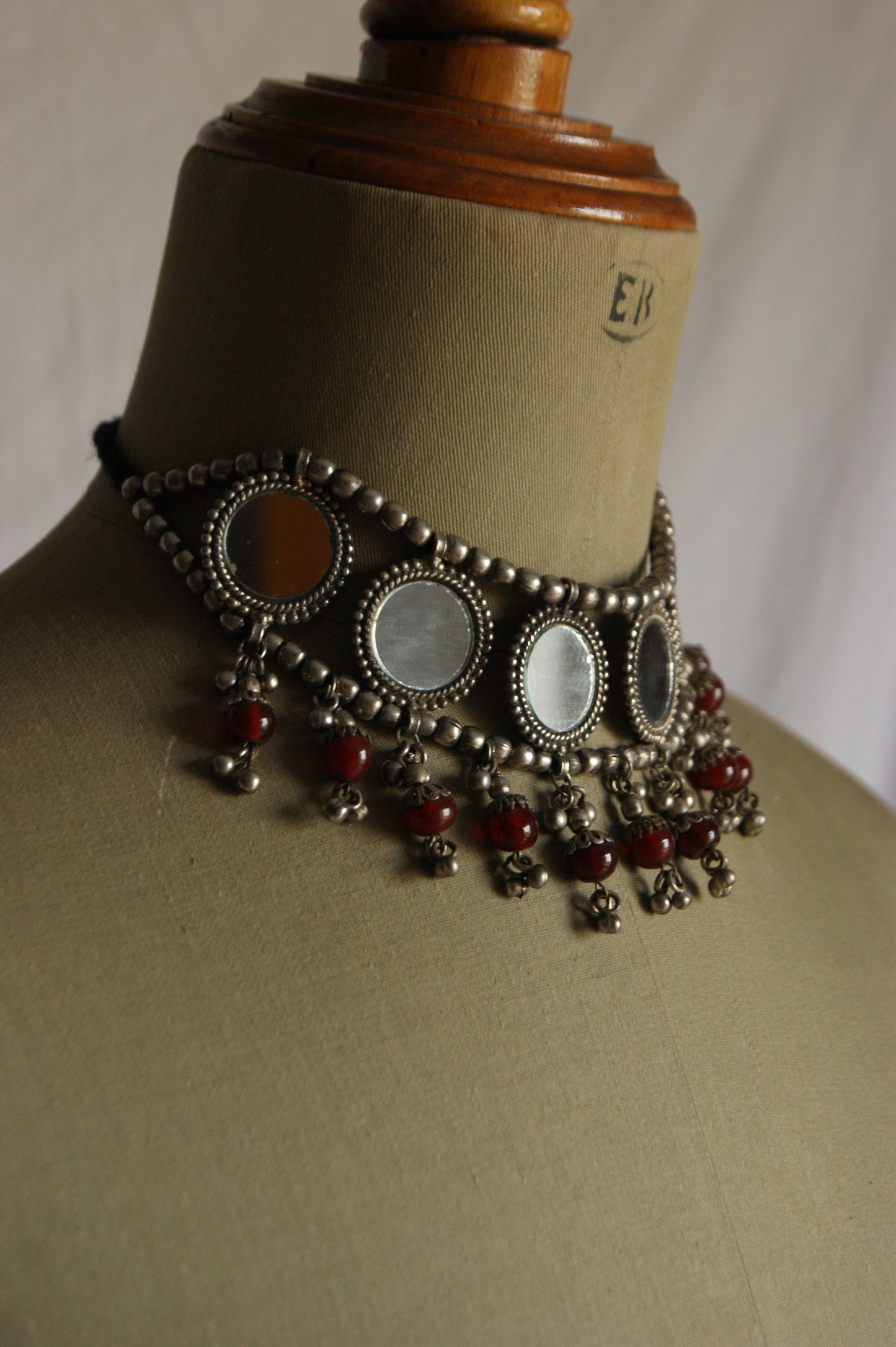 Antique Indian Multi-Wear Silver Choker with Mirror Work & Carnelian Beads
