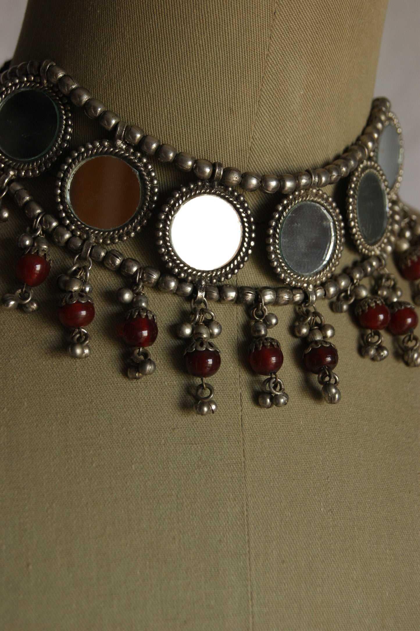 Antique Indian Multi-Wear Silver Choker with Mirror Work & Carnelian Beads
