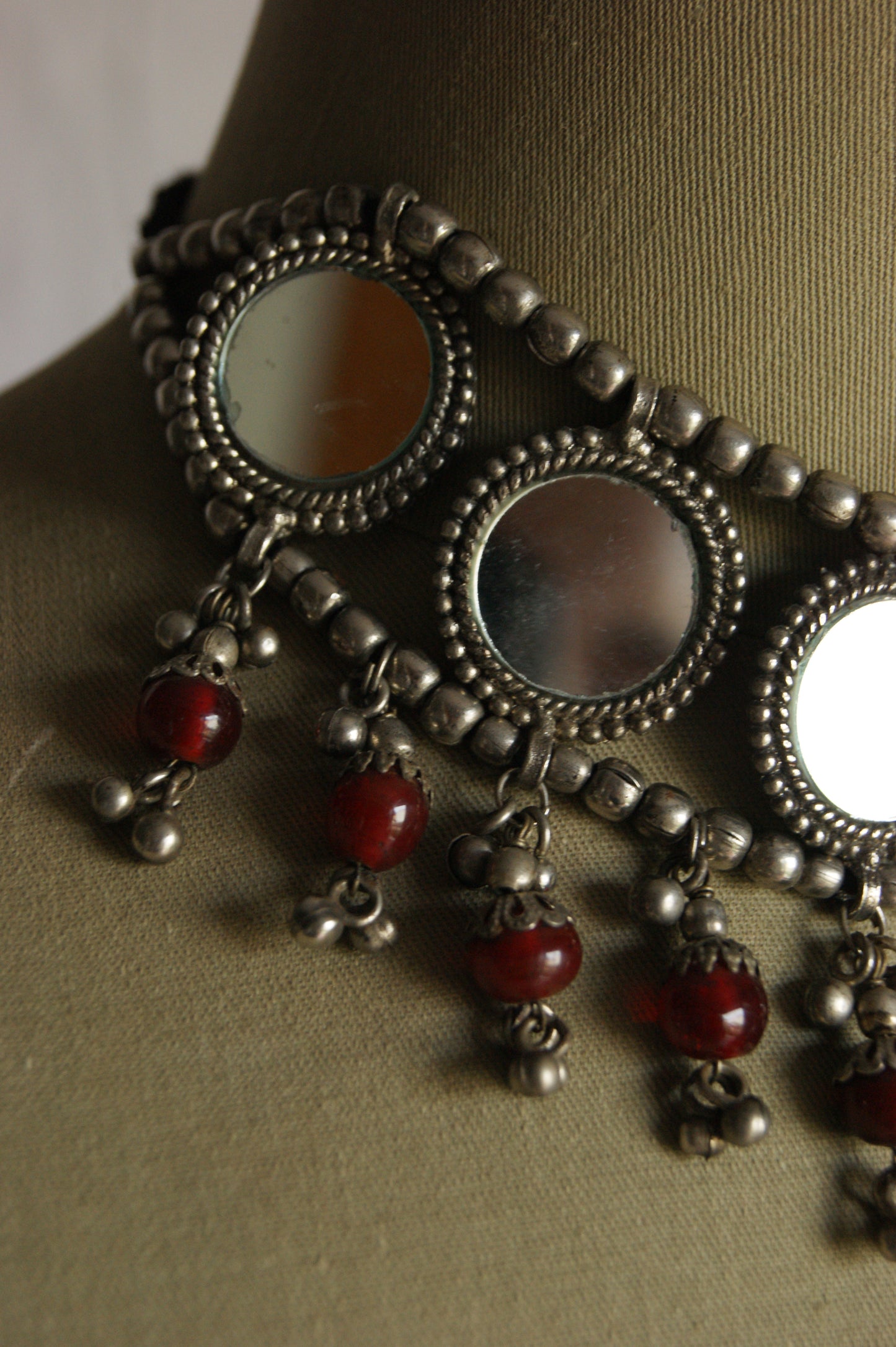 Antique Indian Multi-Wear Silver Choker with Mirror Work & Carnelian Beads
