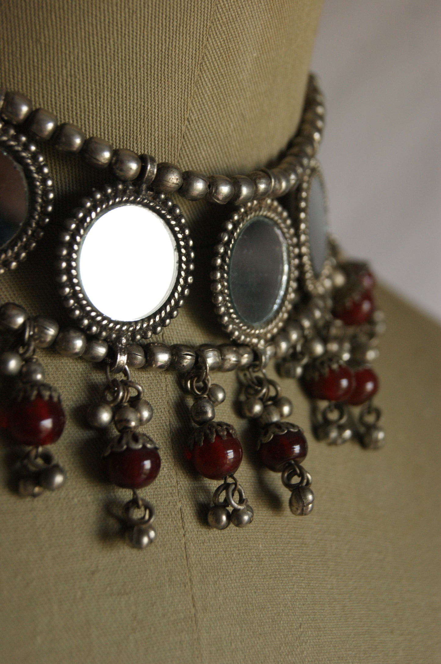 Antique Indian Multi-Wear Silver Choker with Mirror Work & Carnelian Beads