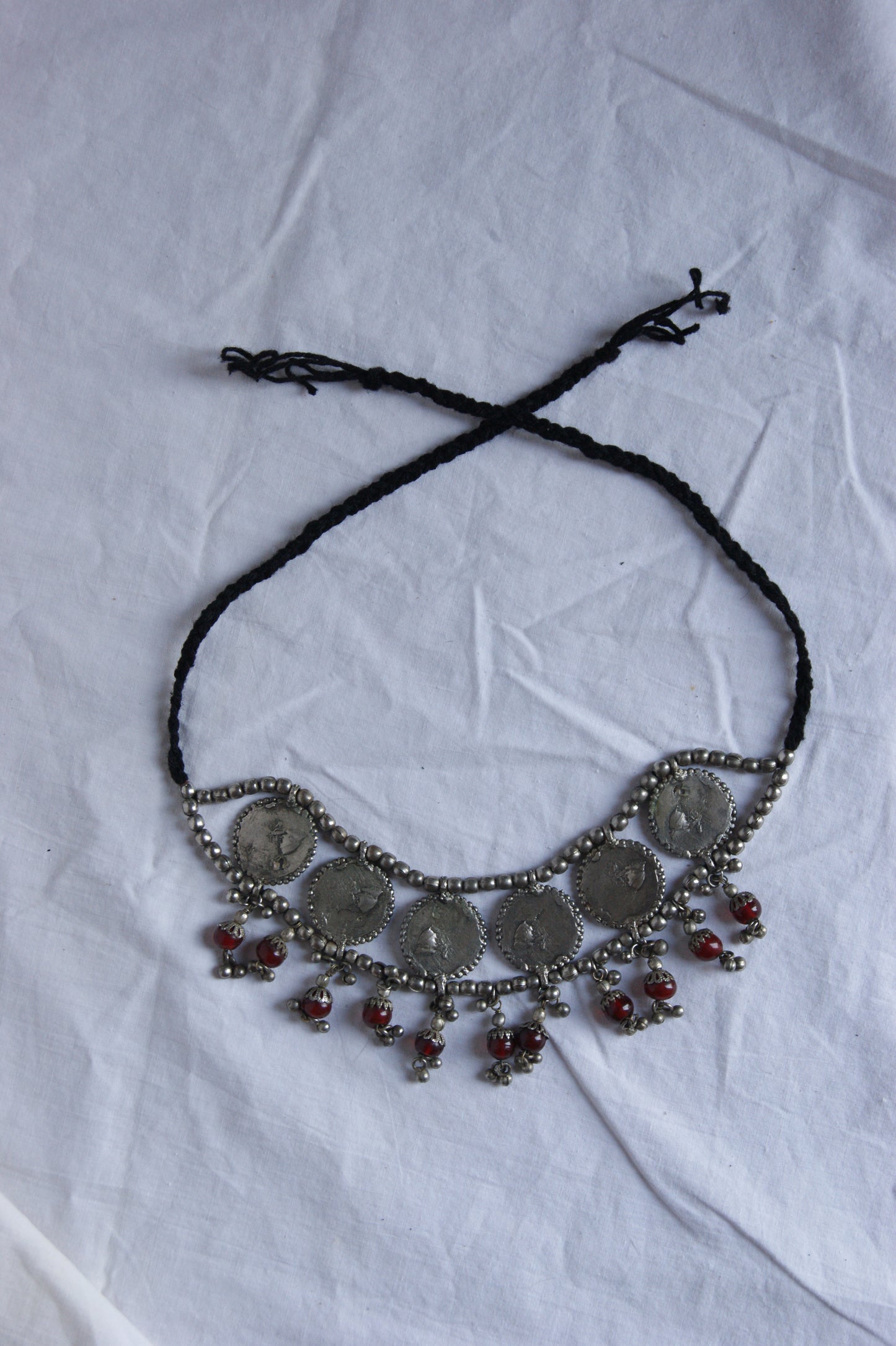 Antique Indian Multi-Wear Silver Choker with Mirror Work & Carnelian Beads