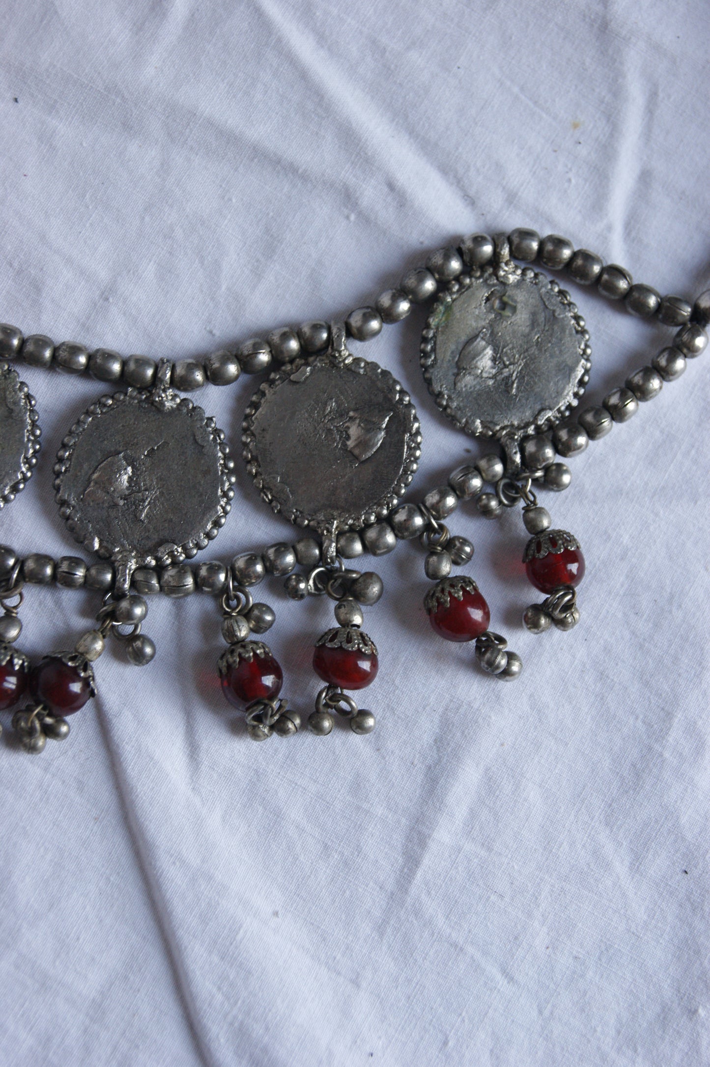 Antique Indian Multi-Wear Silver Choker with Mirror Work & Carnelian Beads
