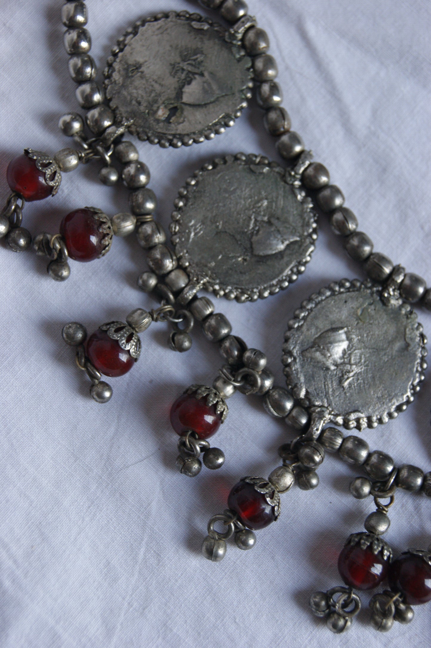 Antique Indian Multi-Wear Silver Choker with Mirror Work & Carnelian Beads