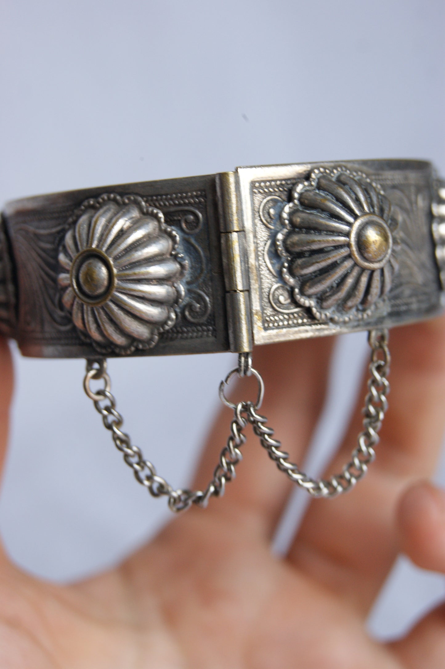 Antique Persian Traditional Silver-Plated Hinged Cuff Bracelet