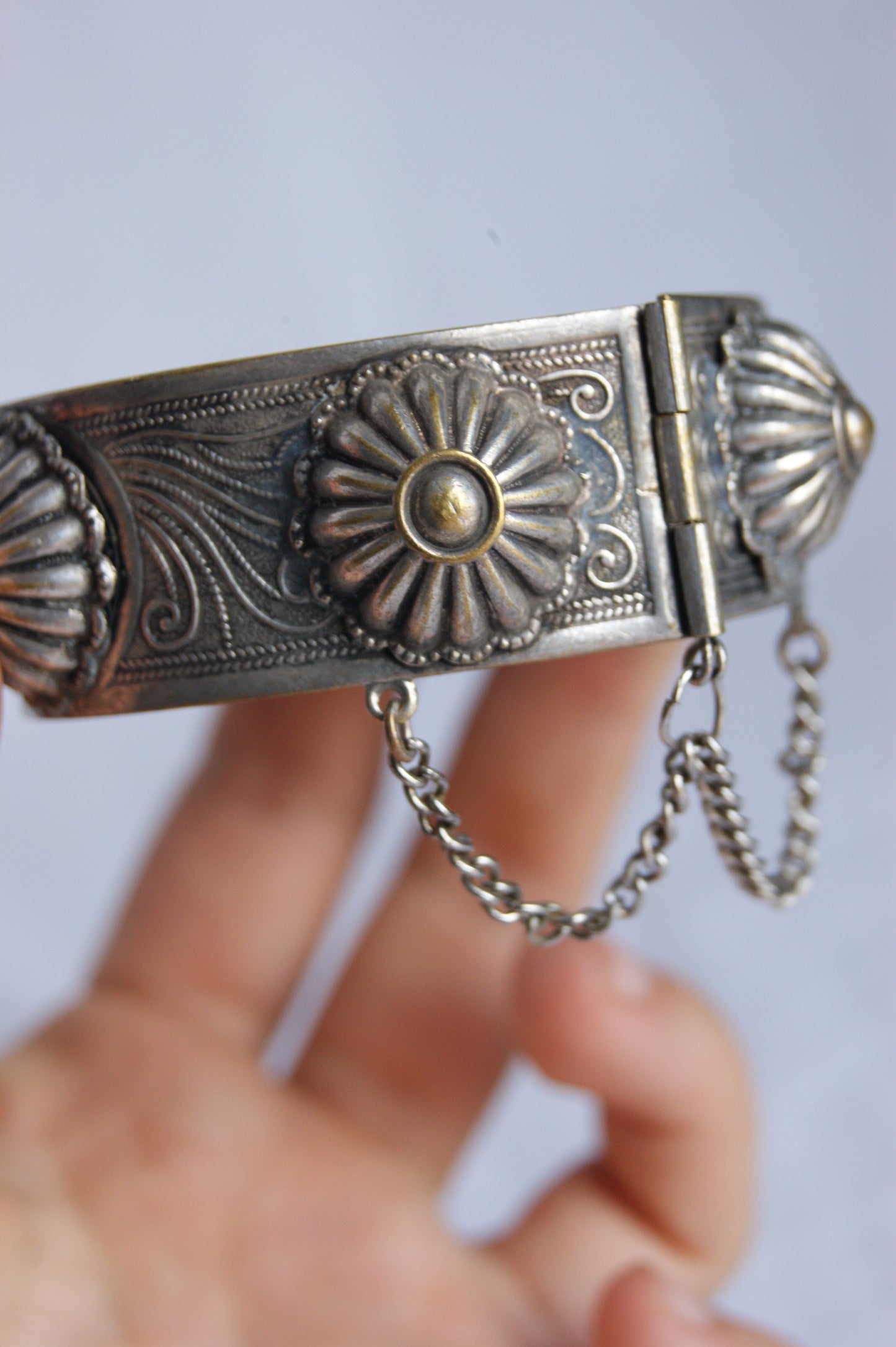 Antique Persian Traditional Silver-Plated Hinged Cuff Bracelet