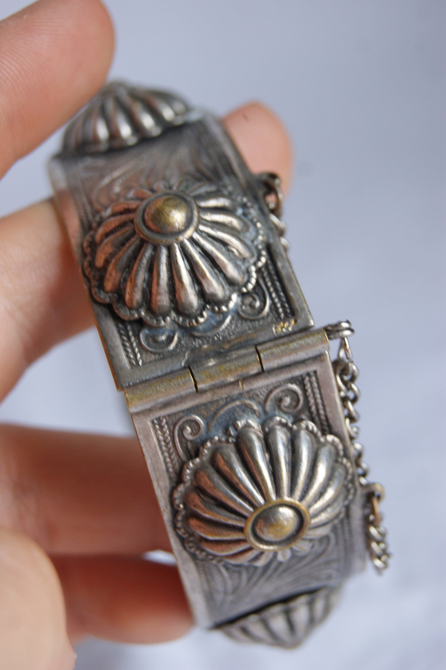 Antique Persian Traditional Silver-Plated Hinged Cuff Bracelet