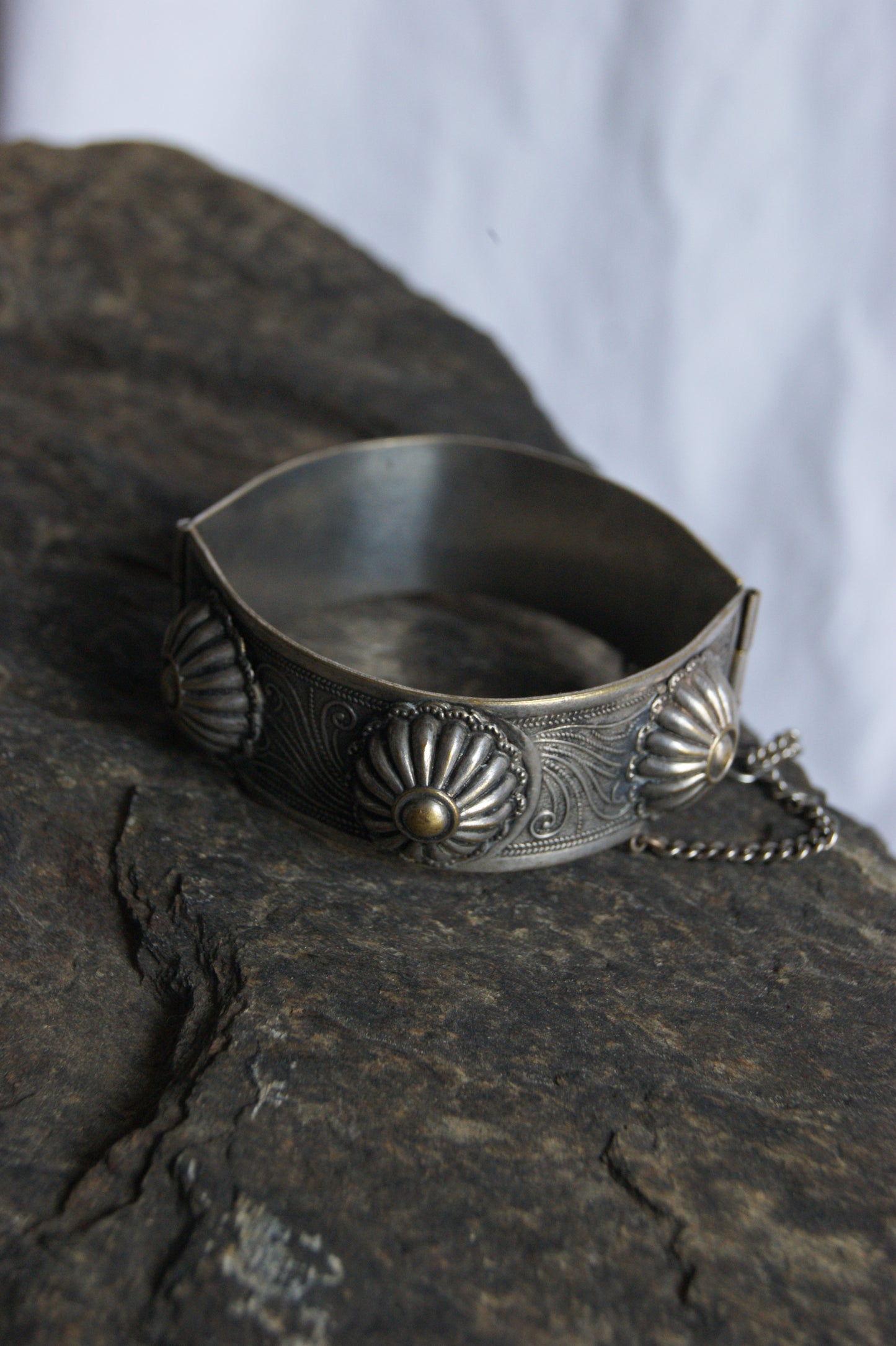 Antique Persian Traditional Silver-Plated Hinged Cuff Bracelet
