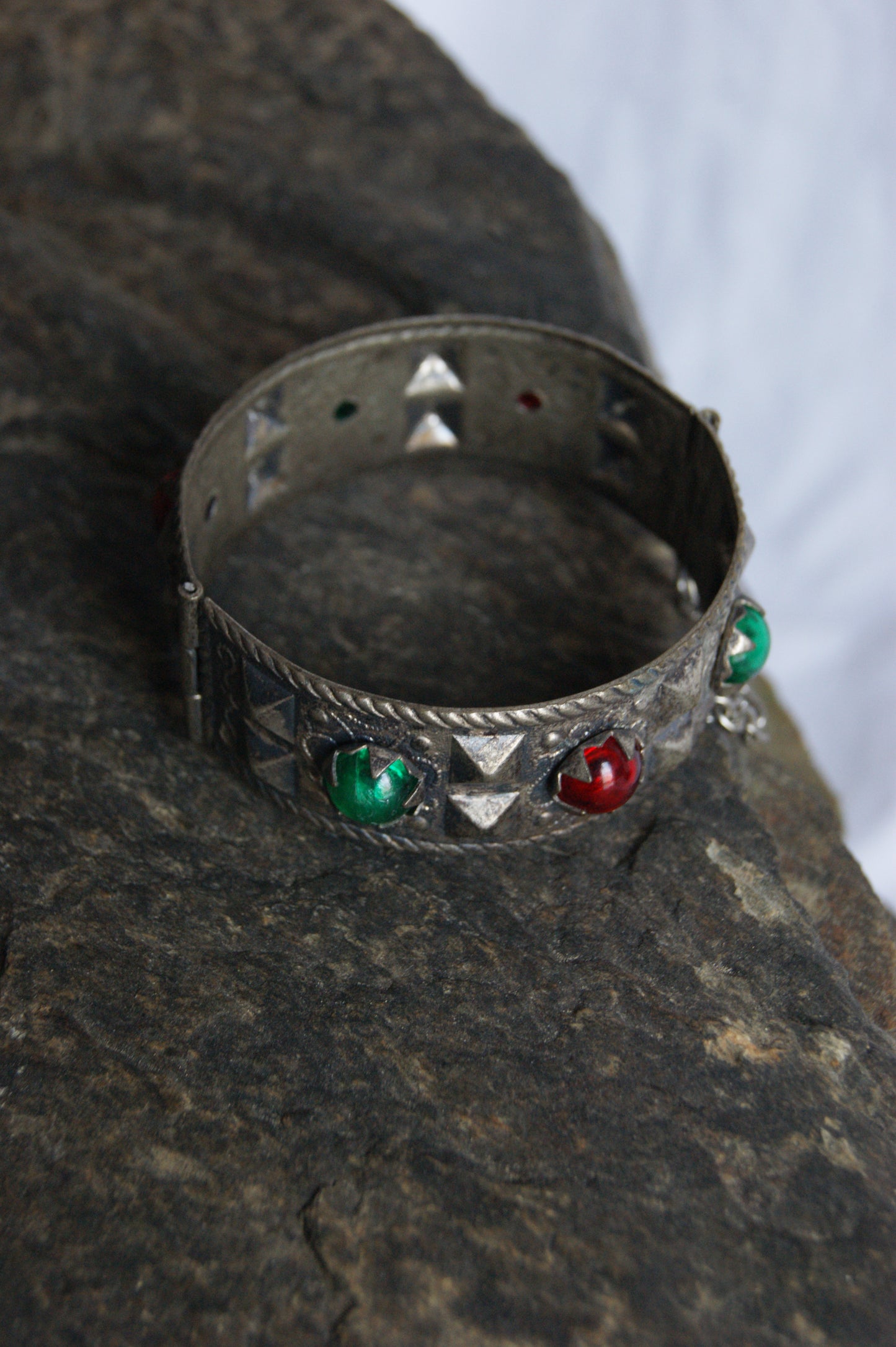 Antique Persian Silver Traditional Hinged Bangle with Glass Jewels