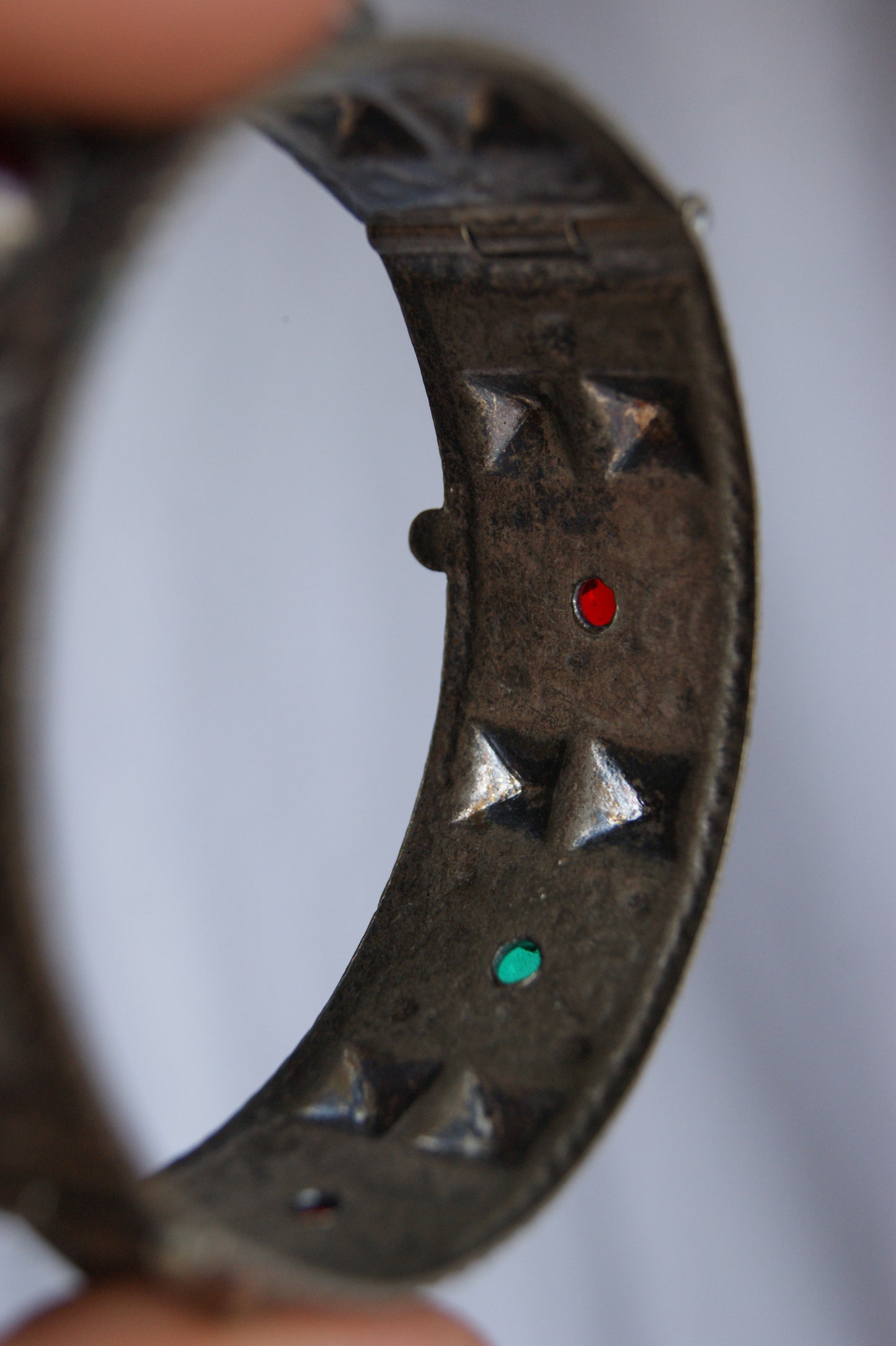Antique Persian Silver Traditional Hinged Bangle with Glass Jewels