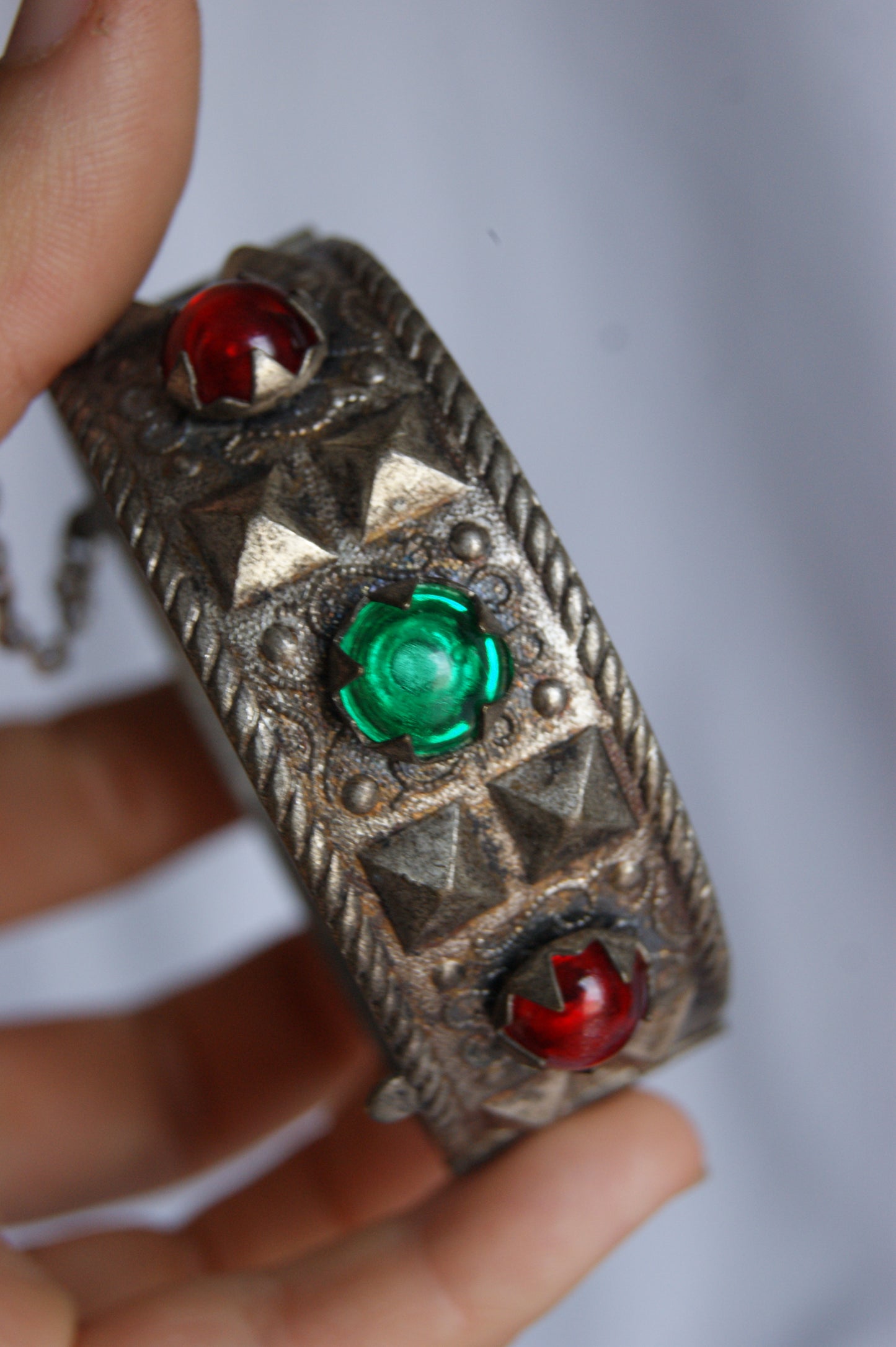 Antique Persian Silver Traditional Hinged Bangle with Glass Jewels