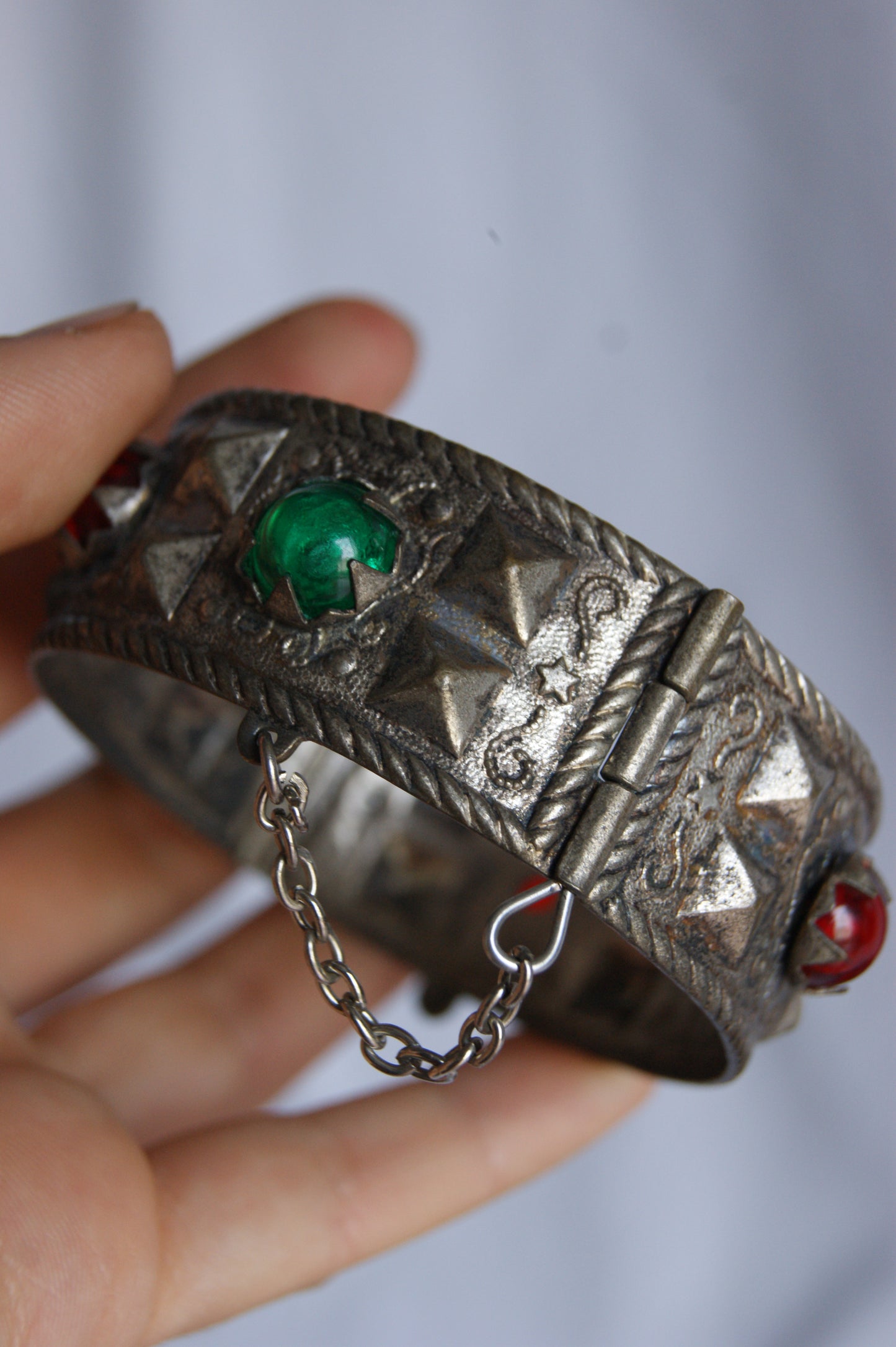 Antique Persian Silver Traditional Hinged Bangle with Glass Jewels