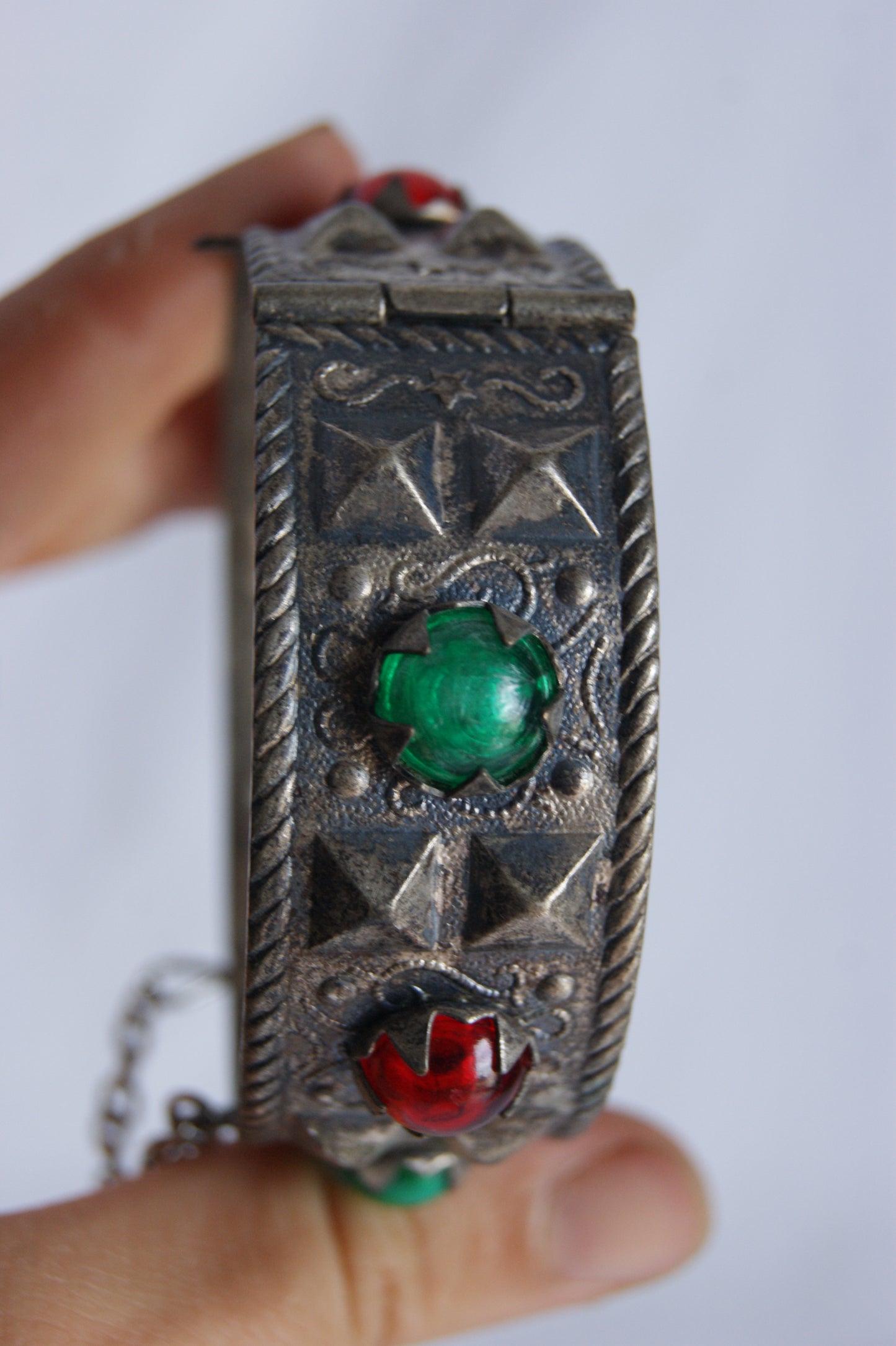 Antique Persian Silver Traditional Hinged Bangle with Glass Jewels