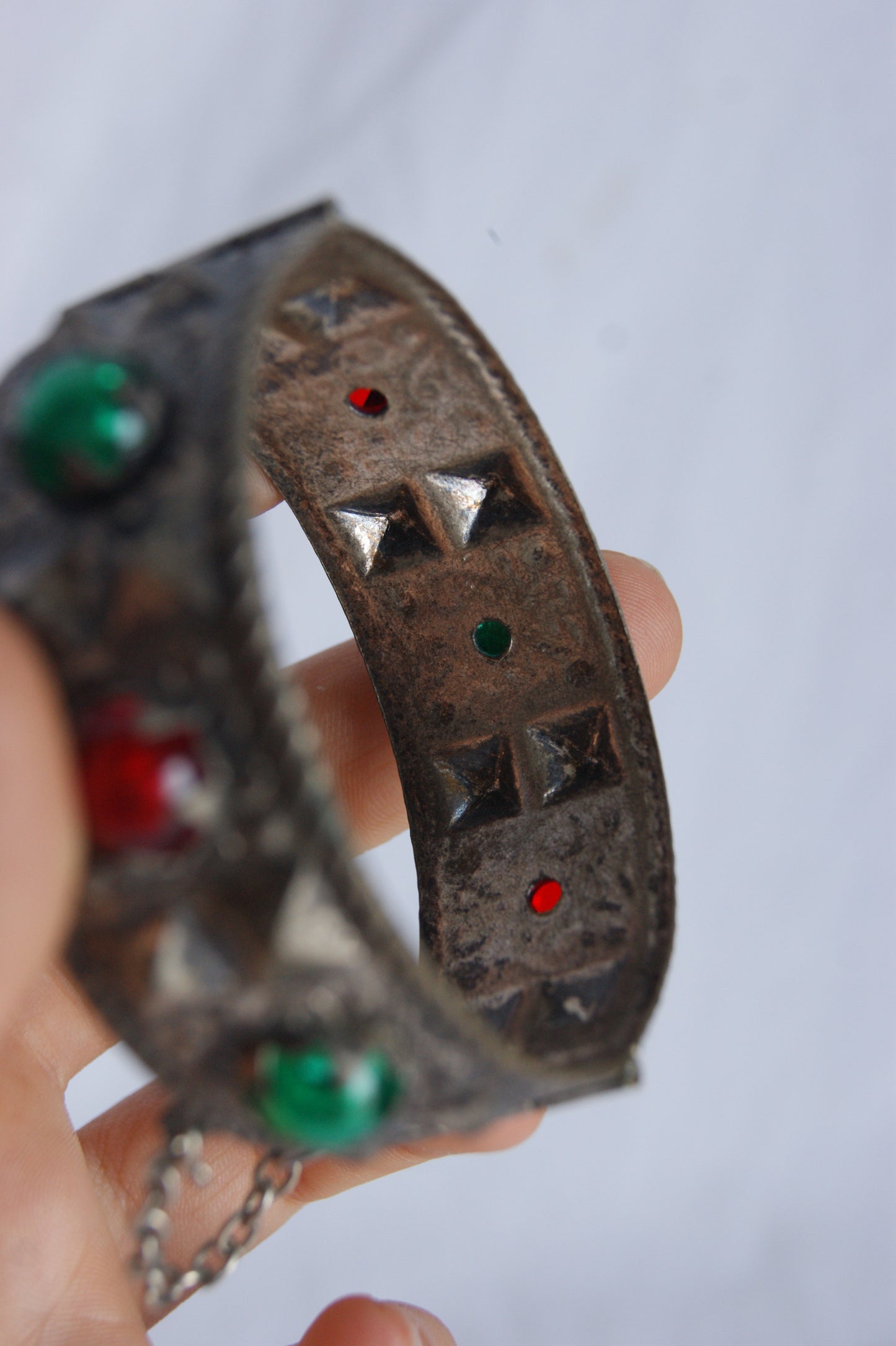 Antique Persian Silver Traditional Hinged Bangle with Glass Jewels