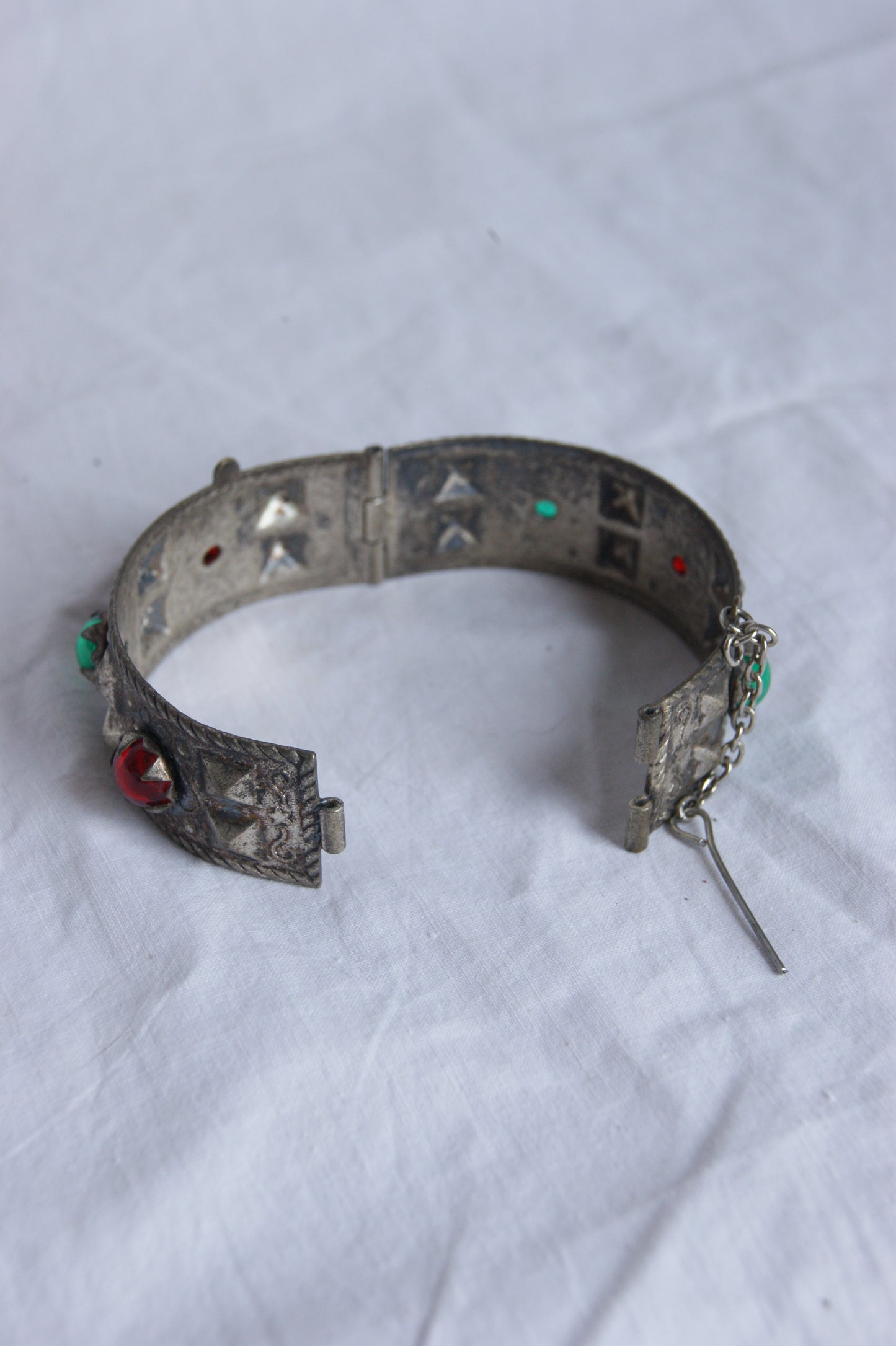 Antique Persian Silver Traditional Hinged Bangle with Glass Jewels