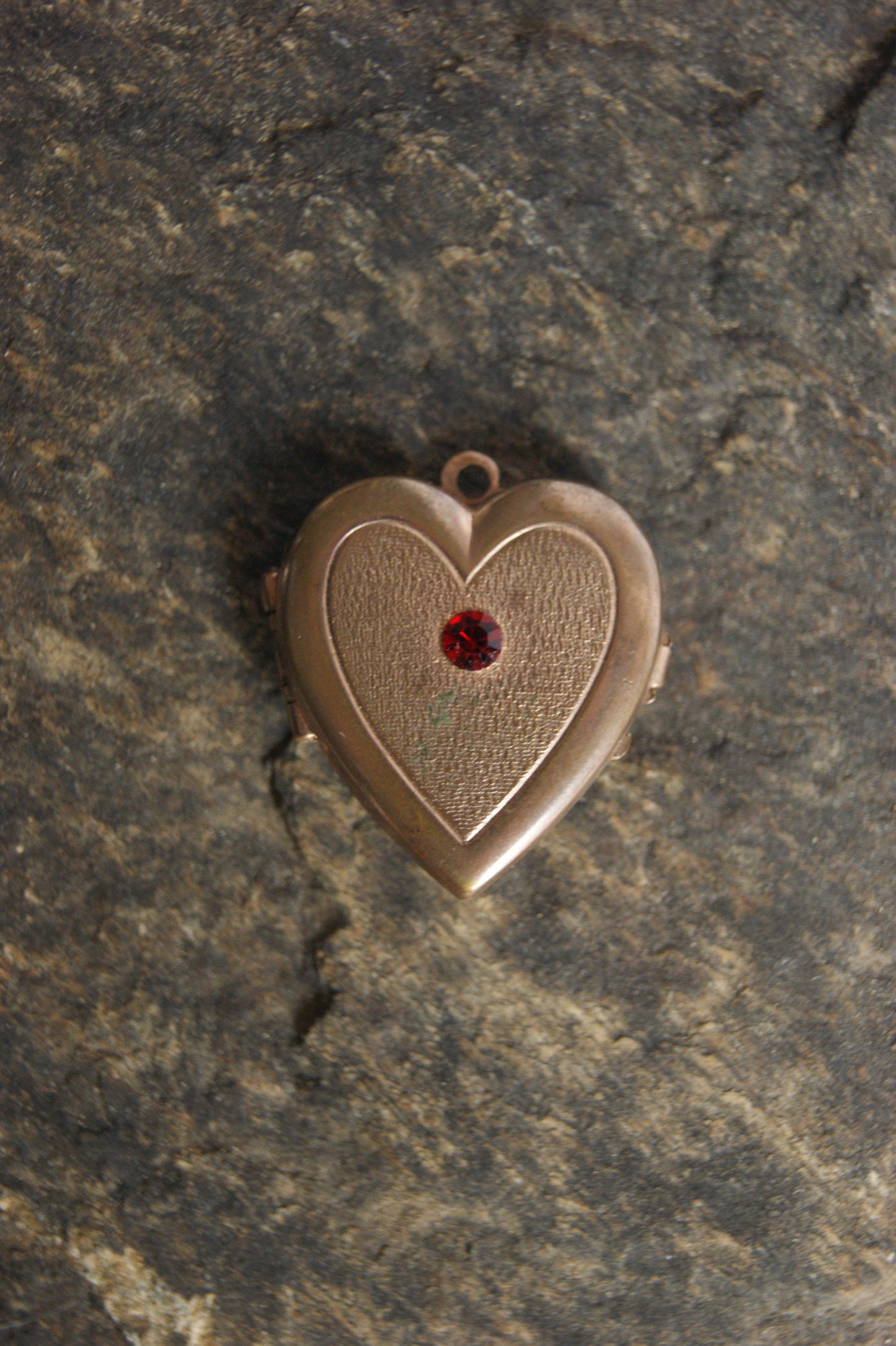 Antique Brass Heart Photo Locket with Ruby Glass Center