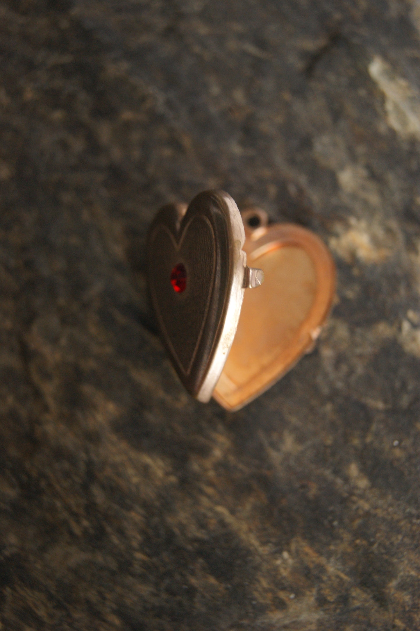 Antique Brass Heart Photo Locket with Ruby Glass Center