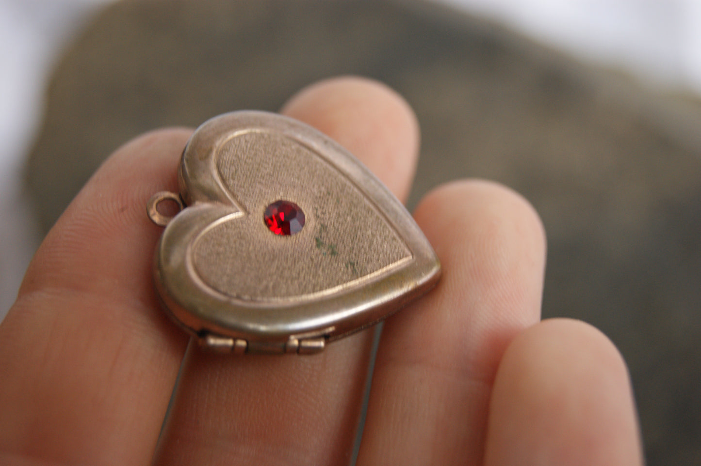 Antique Brass Heart Photo Locket with Ruby Glass Center