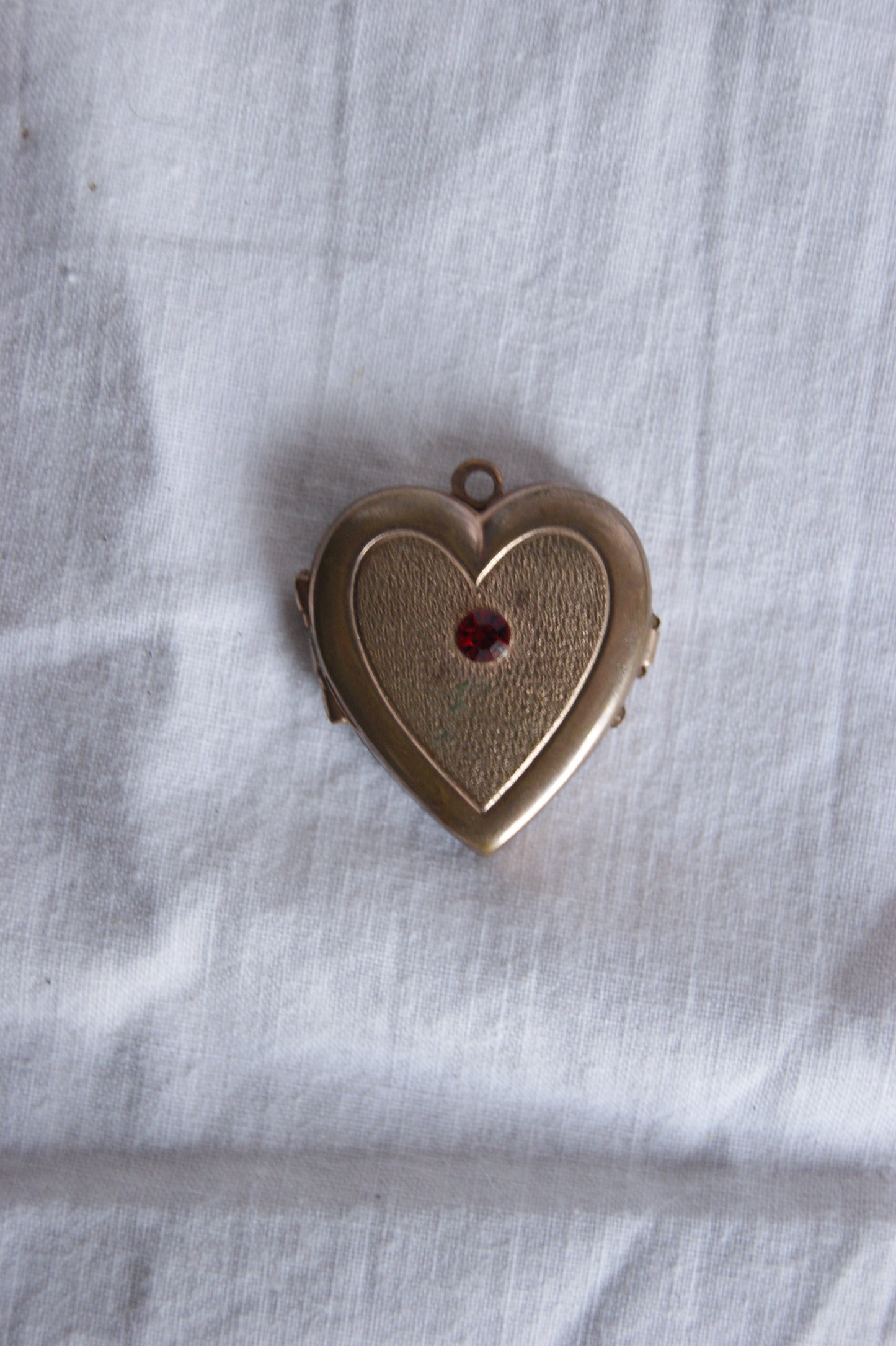 Antique Brass Heart Photo Locket with Ruby Glass Center