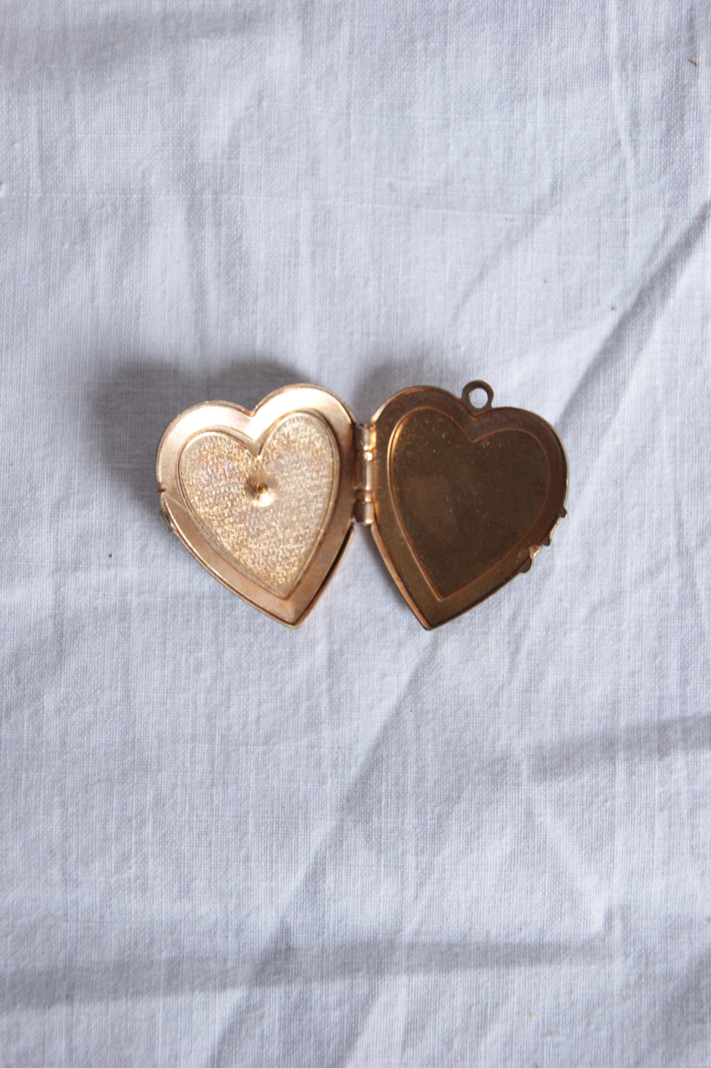 Antique Brass Heart Photo Locket with Ruby Glass Center