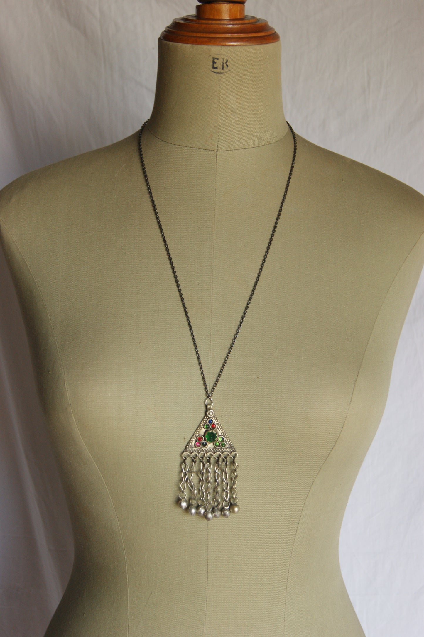 Antique Afghan Silver Triangular Pendant Necklace with Glass Cabochons