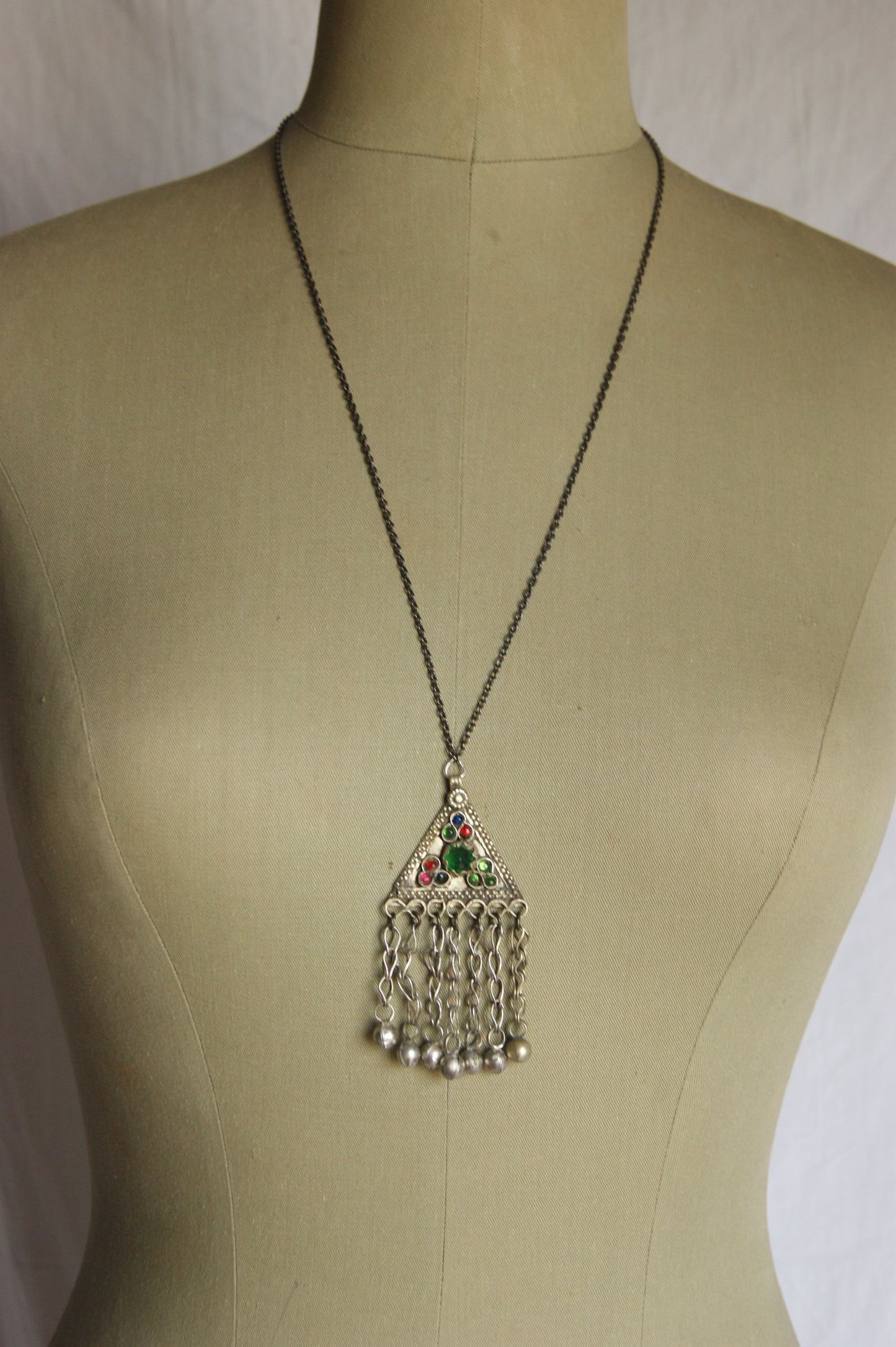 Antique Afghan Silver Triangular Pendant Necklace with Glass Cabochons