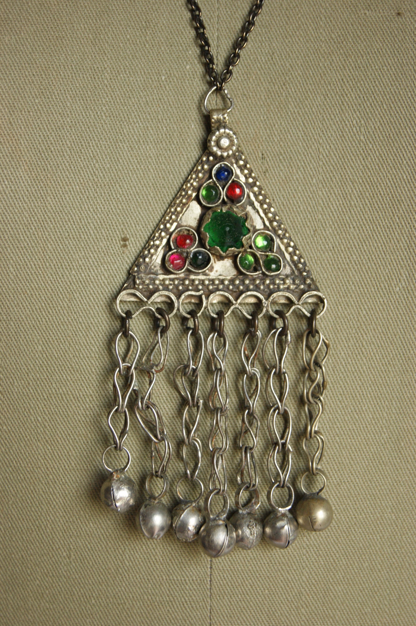 Antique Afghan Silver Triangular Pendant Necklace with Glass Cabochons