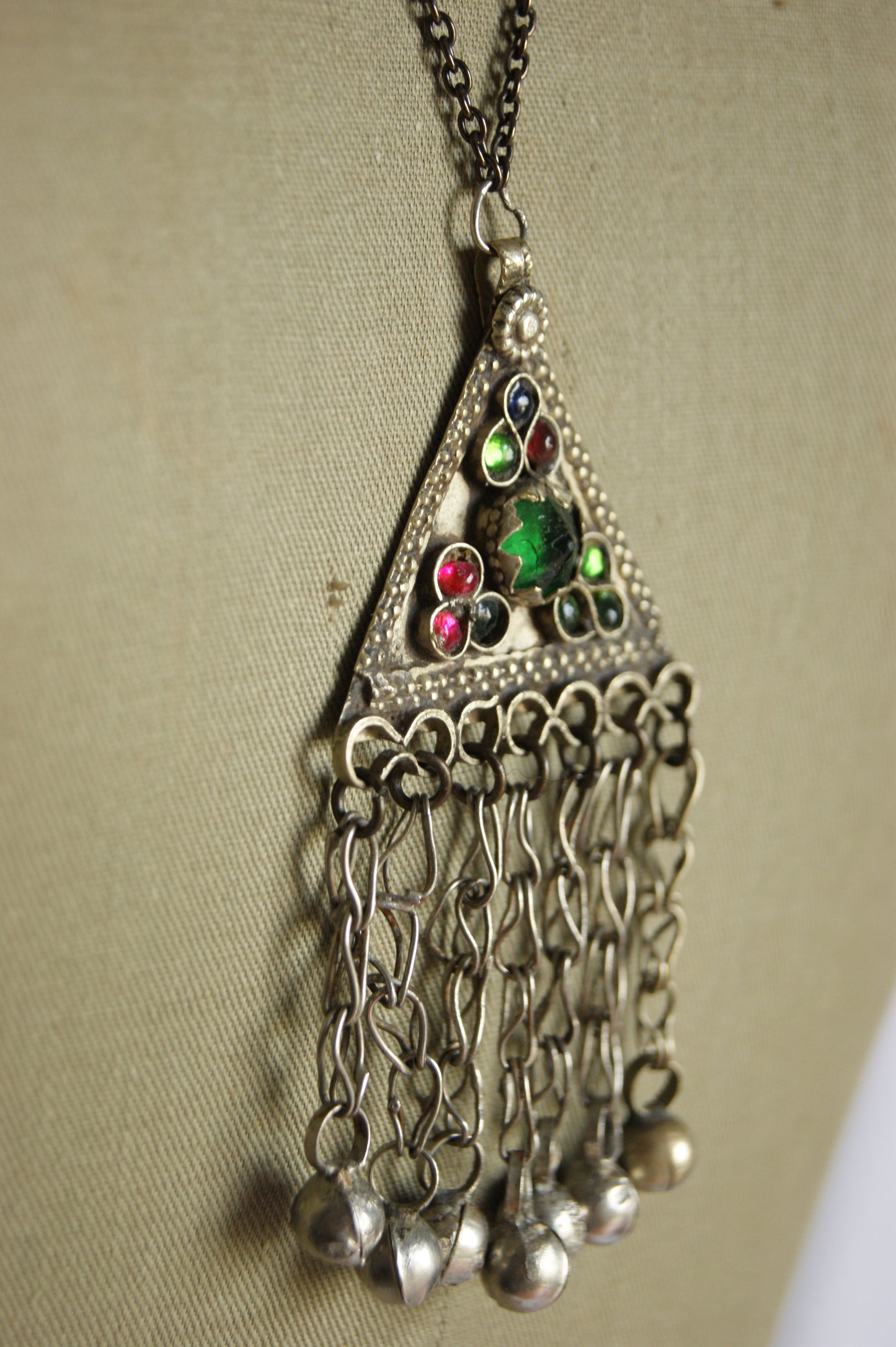 Antique Afghan Silver Triangular Pendant Necklace with Glass Cabochons